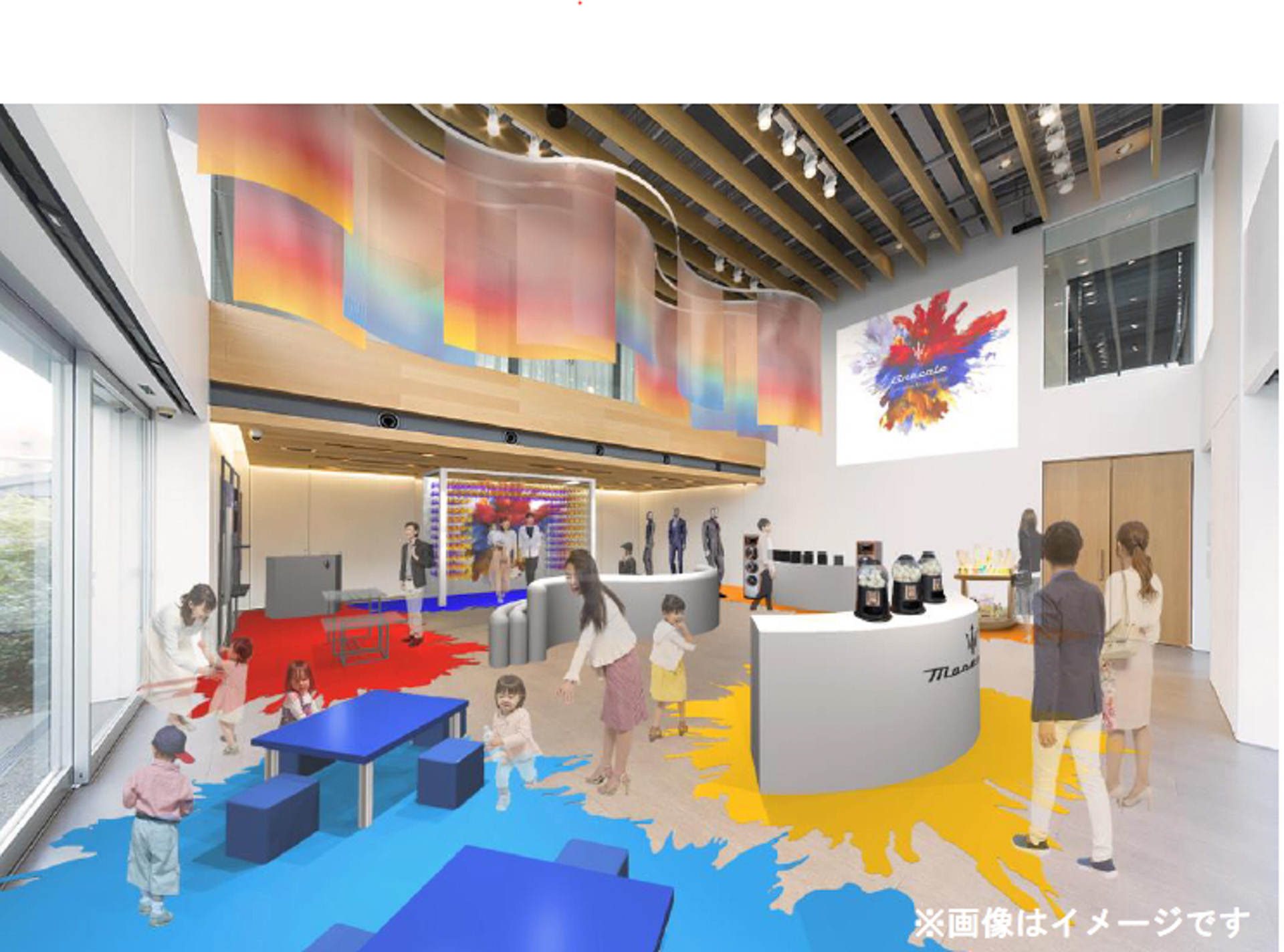 アート展示「Lightning & Wind」：グレカーレはイタリア語で「地中海の北東風」を意味する言葉。マセラティがカラフルな風とともに世界中のあらゆる街で旋風を巻き起こす―そんなコンセプトの下で製作されたアート作品を展示