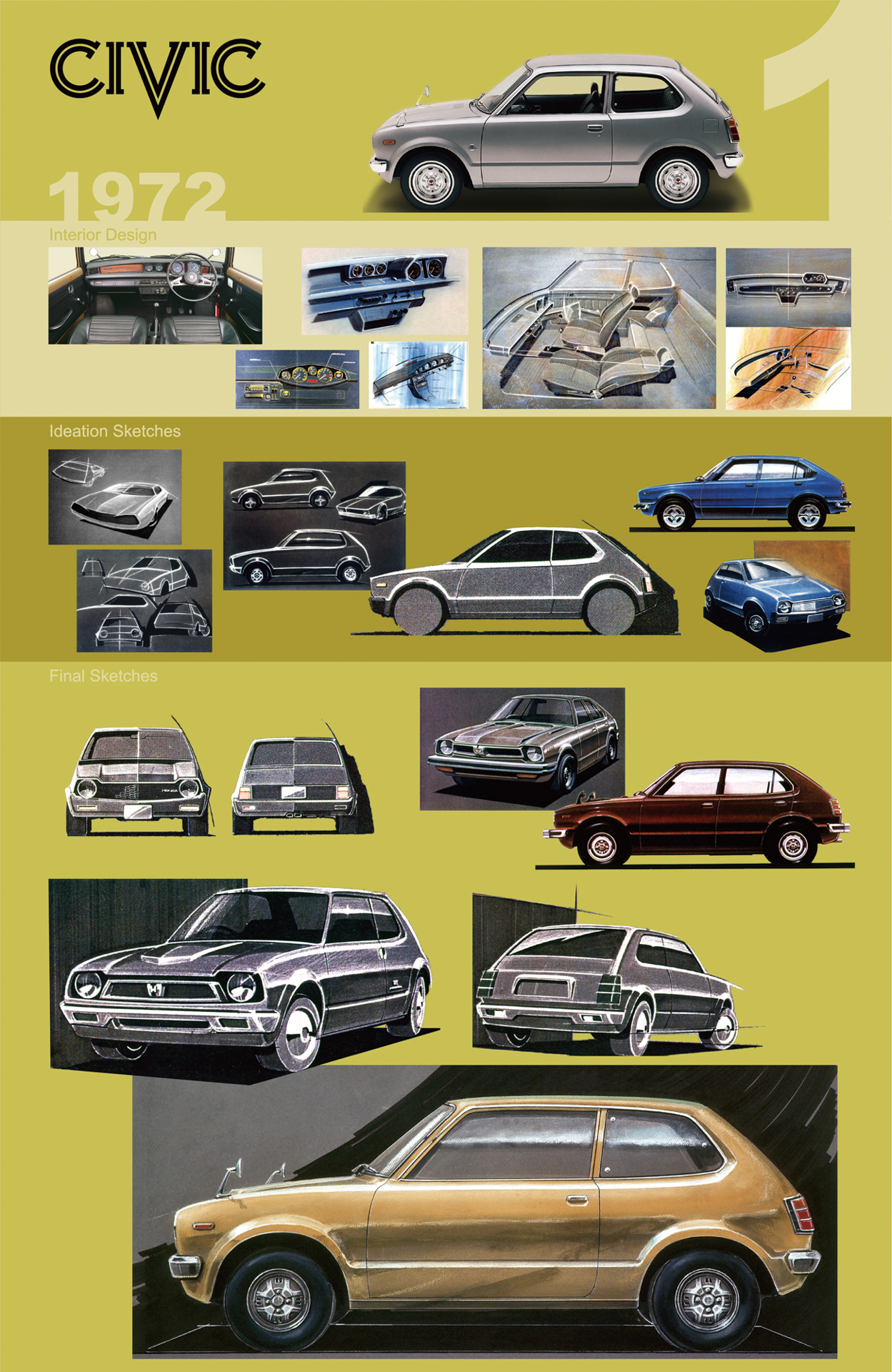 歴代CIVIC デザインスケッチギャラリー：シビック発売50周年を記念して、歴代シビックのデザインスケッチをそれぞれの世代ごとにまとめた11枚の連作を展示。開発初期のアイデアスケッチからファイナルデザインに至る数々のビジュアルが、たずさわったデザイナーたちのシビックにかけた思いを物語る