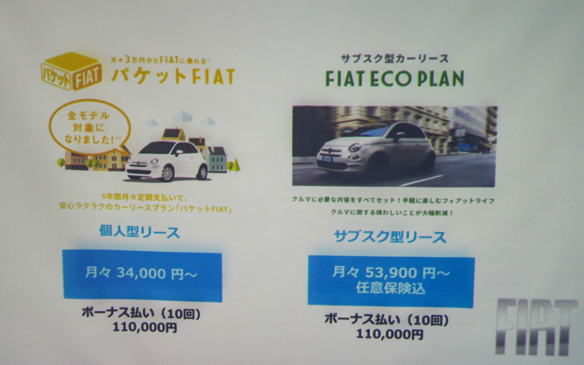 通常型の個人リース「パケットFIAT」、サブスク型リース「FIAT ECO PLAN」の2種類の5年リースを用意
