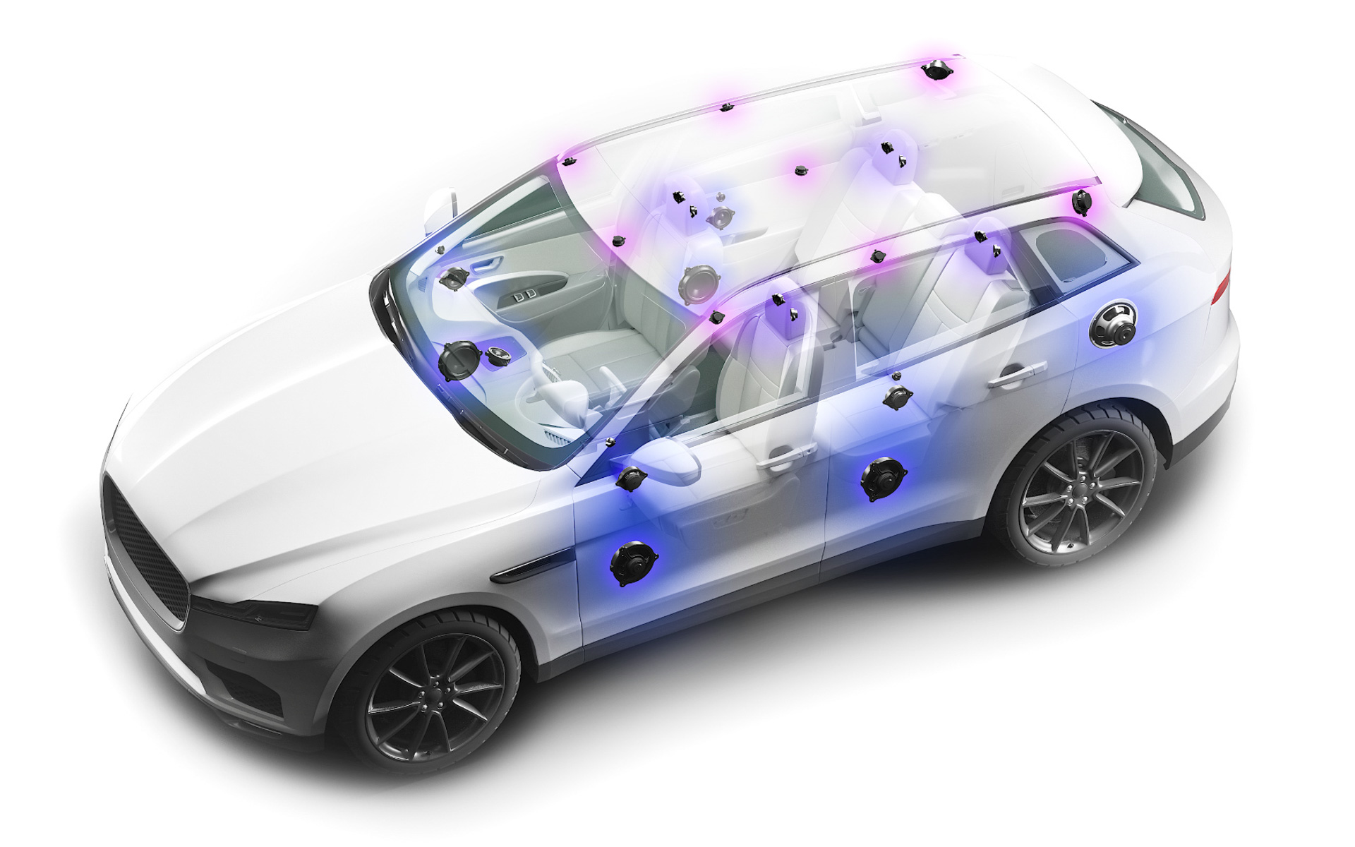ヤマハが開発したスピーカーシステムの構成、フロント：3ウェイ2セット、リア：3ウェイ2セット、センタースピーカー：1個、サブウーファー：1個、Dピラースピーカー：2個、天井スピーカー：6個、ヘッドレストスピーカー：8個（各席2個）など計30個