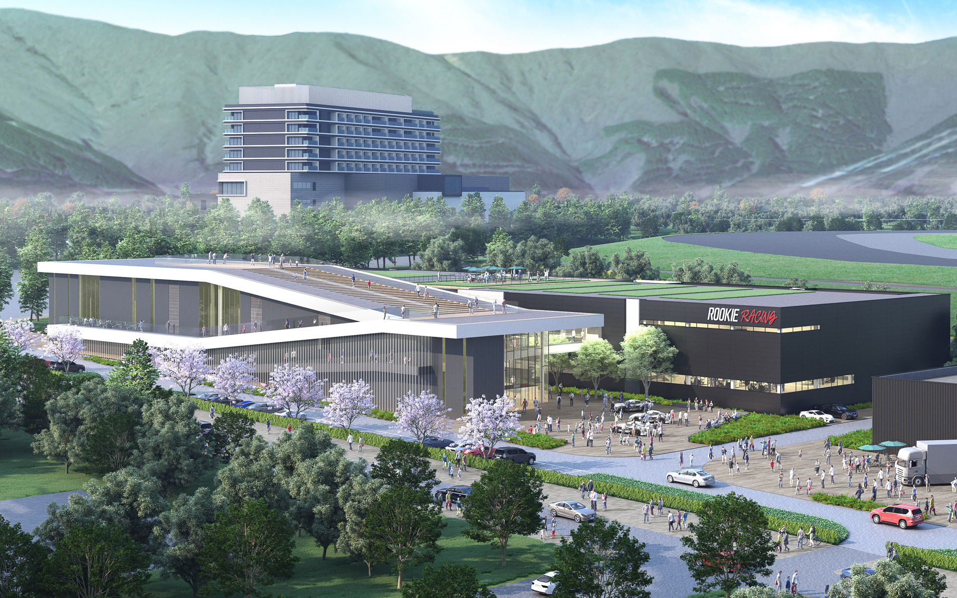 富士モータースポーツフォレスト発表会で公開されたイメージ図。ルーキーレーシングガレージの向かいに巨大な建造物を見ることができる