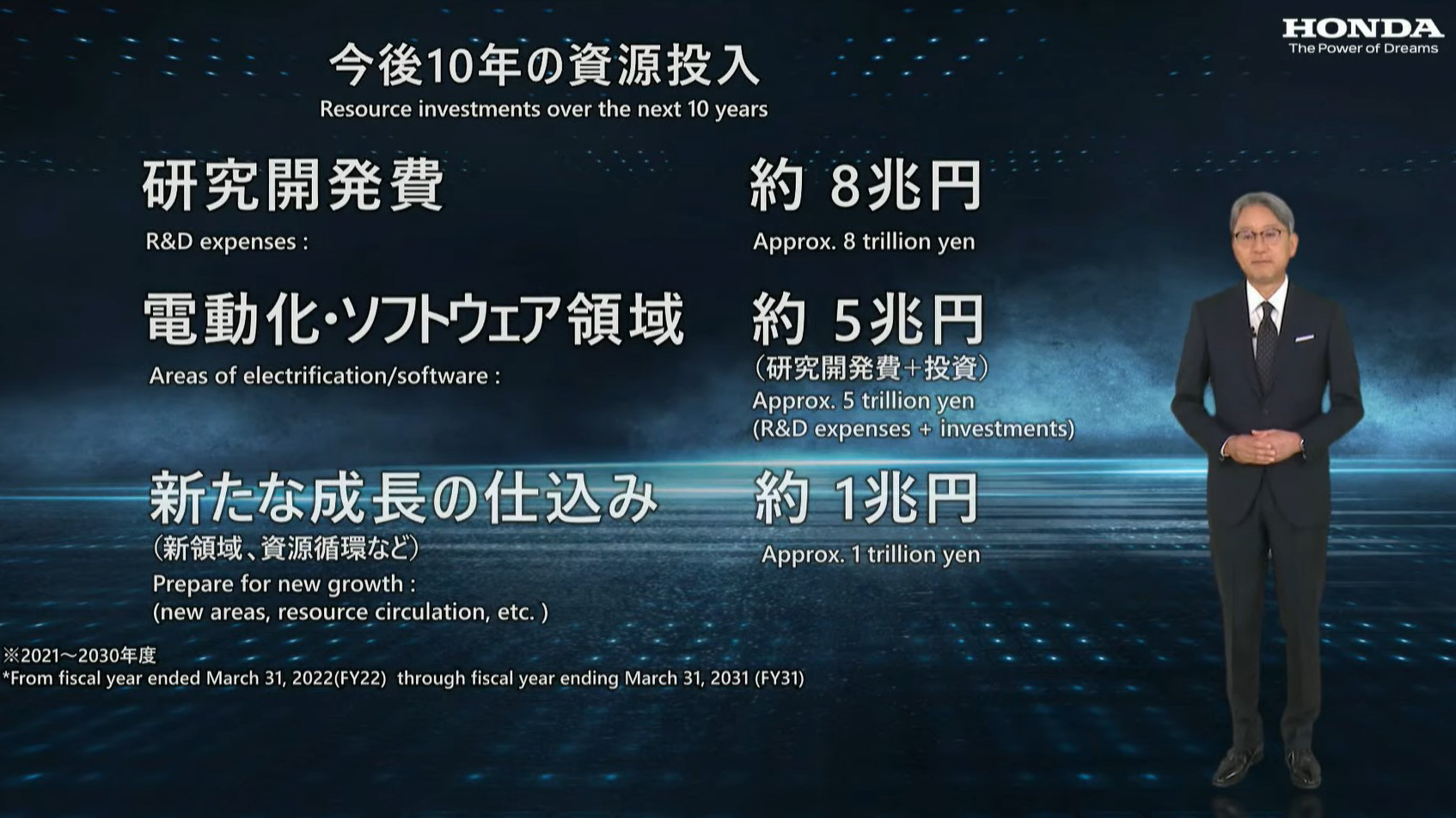 今後10年の資源投入について説明する本田技研工業株式会社 取締役 代表執行役社長 三部敏宏氏