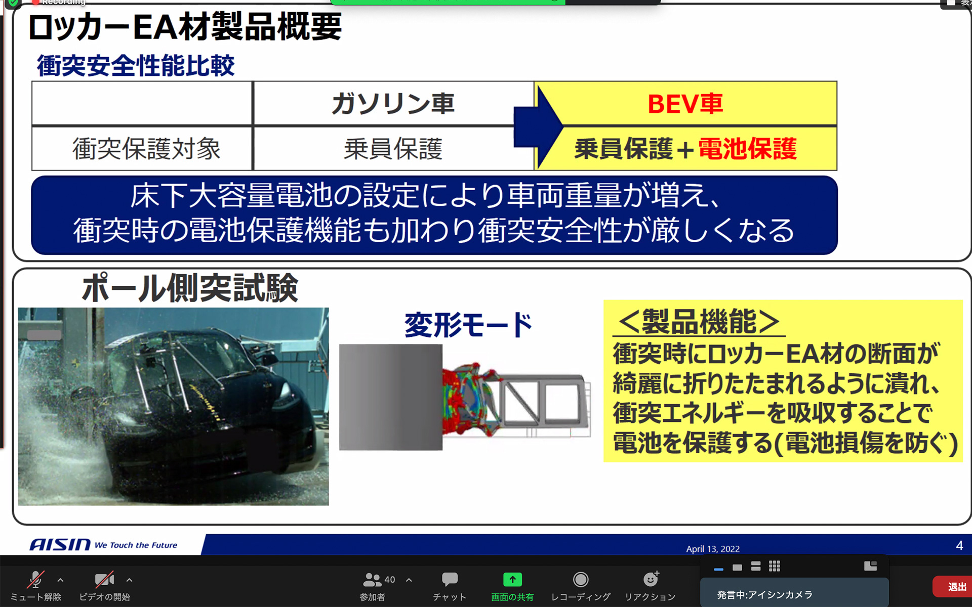 ロッカーEA材がつぶれる様子を表したものが資料の下側にある。単につぶれるのではなくてキレイに折りたたまれるようにつぶれていくのが特徴
