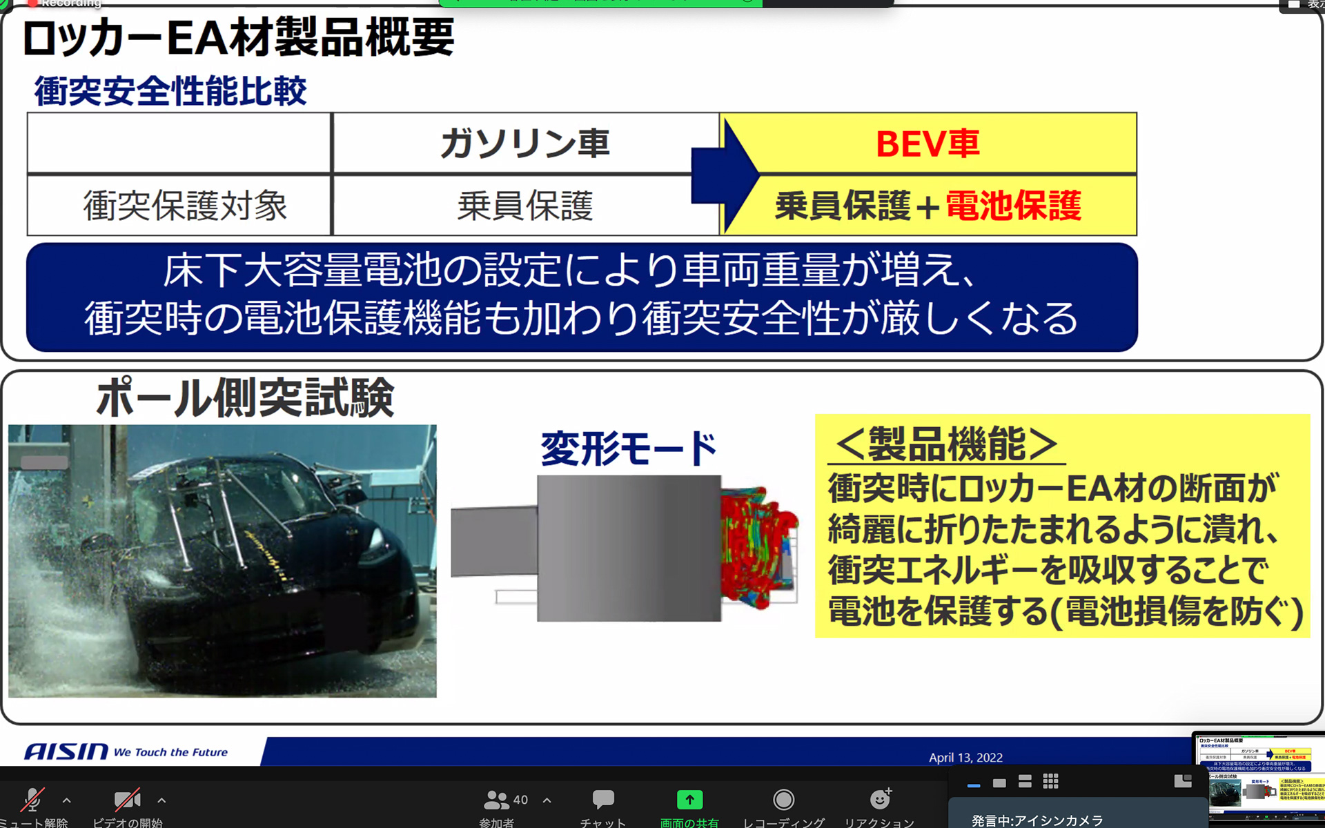 ロッカーEA材がつぶれる様子を表したものが資料の下側にある。単につぶれるのではなくてキレイに折りたたまれるようにつぶれていくのが特徴