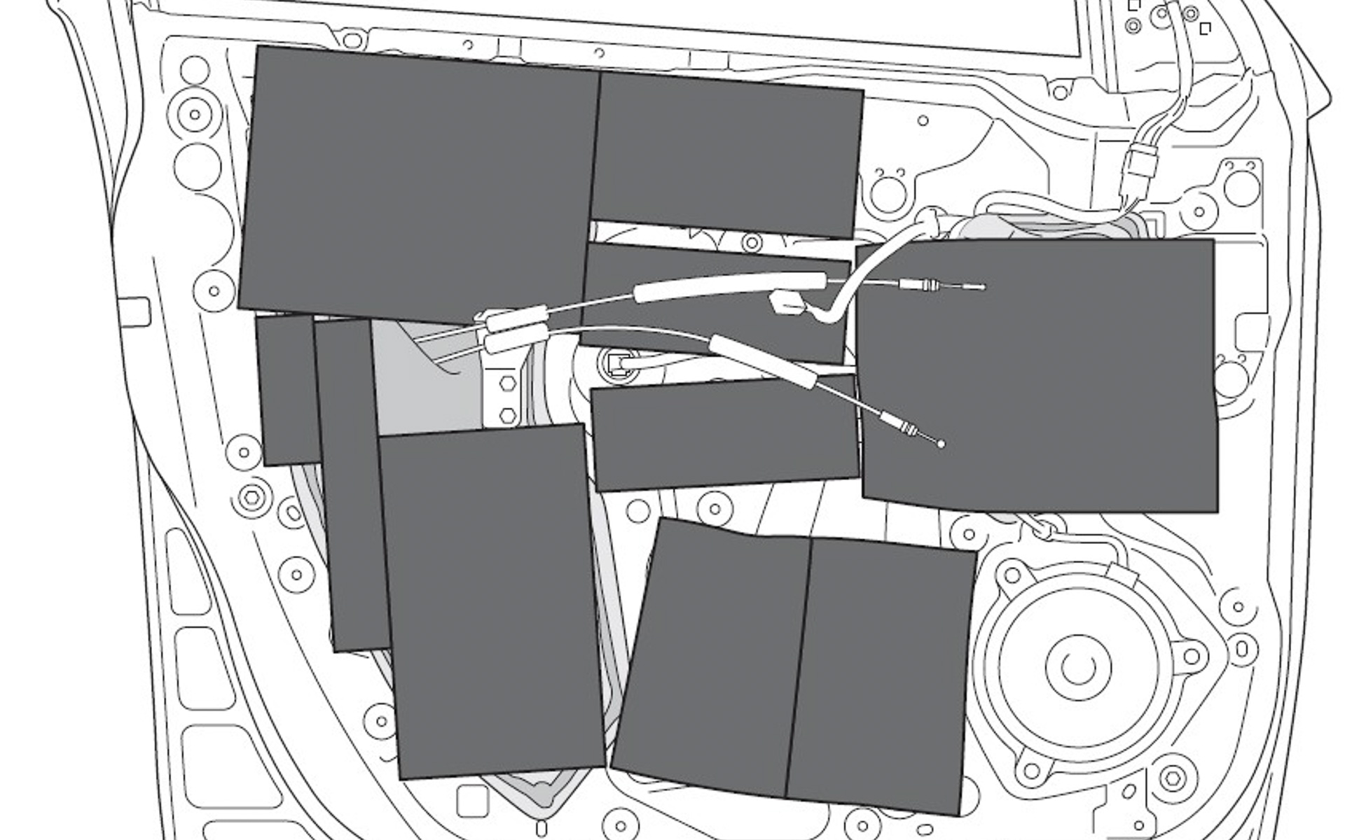 車種ごとにスピーカーの位置などを考慮して施工場所を決めている（イメージ図はセレナの前後ドア）