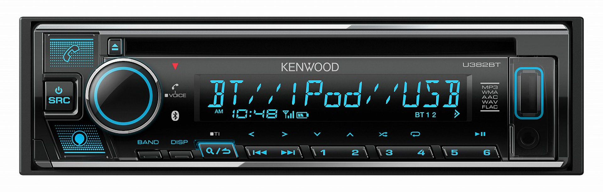 1DINモデルの「U382BT」は、最大1000色のバリアブルカラー表示に対応していて好みのイルミネーションカラーに設定可能。また、13桁/1.5行表示にも対応する大型LCDを搭載