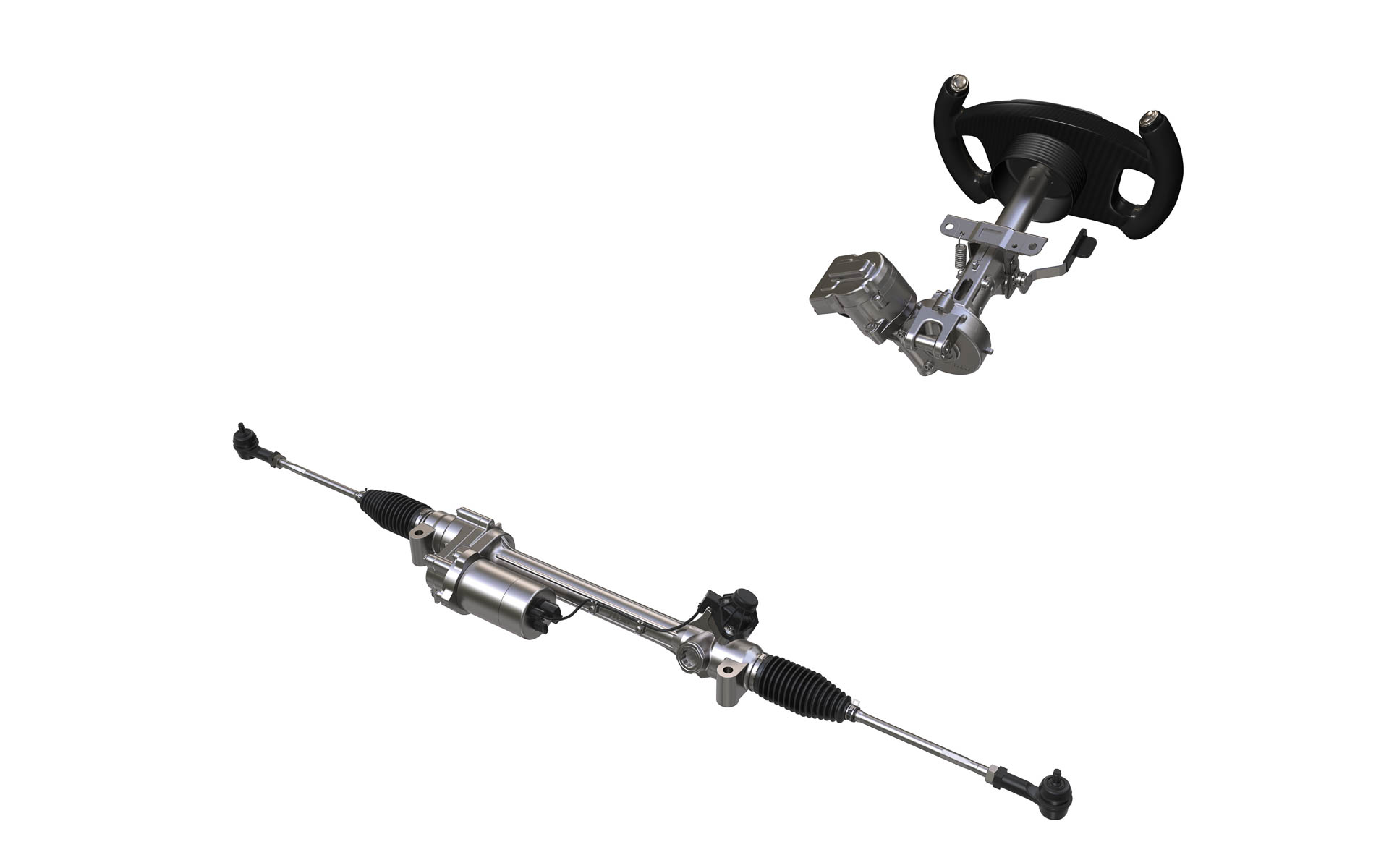 「リンクレスステアバイワイヤシステム」。ステアリングホイールの操作を電気信号で転舵装置に伝える次世代のステアリングシステム。操舵フィーリングの向上を実現するとともに、自動運転におけるシステムによる操作とドライバーによる操作をスムーズに融合・移譲する制御技術を実現する。今後は、自動運転時のステアリングホイール格納による車室内のレイアウトやデザイン、居住性の向上などが期待されている。今回の展示会では、機能安全を高める独自のEPS安全コンセプト「JFOPS4」も併せて紹介する