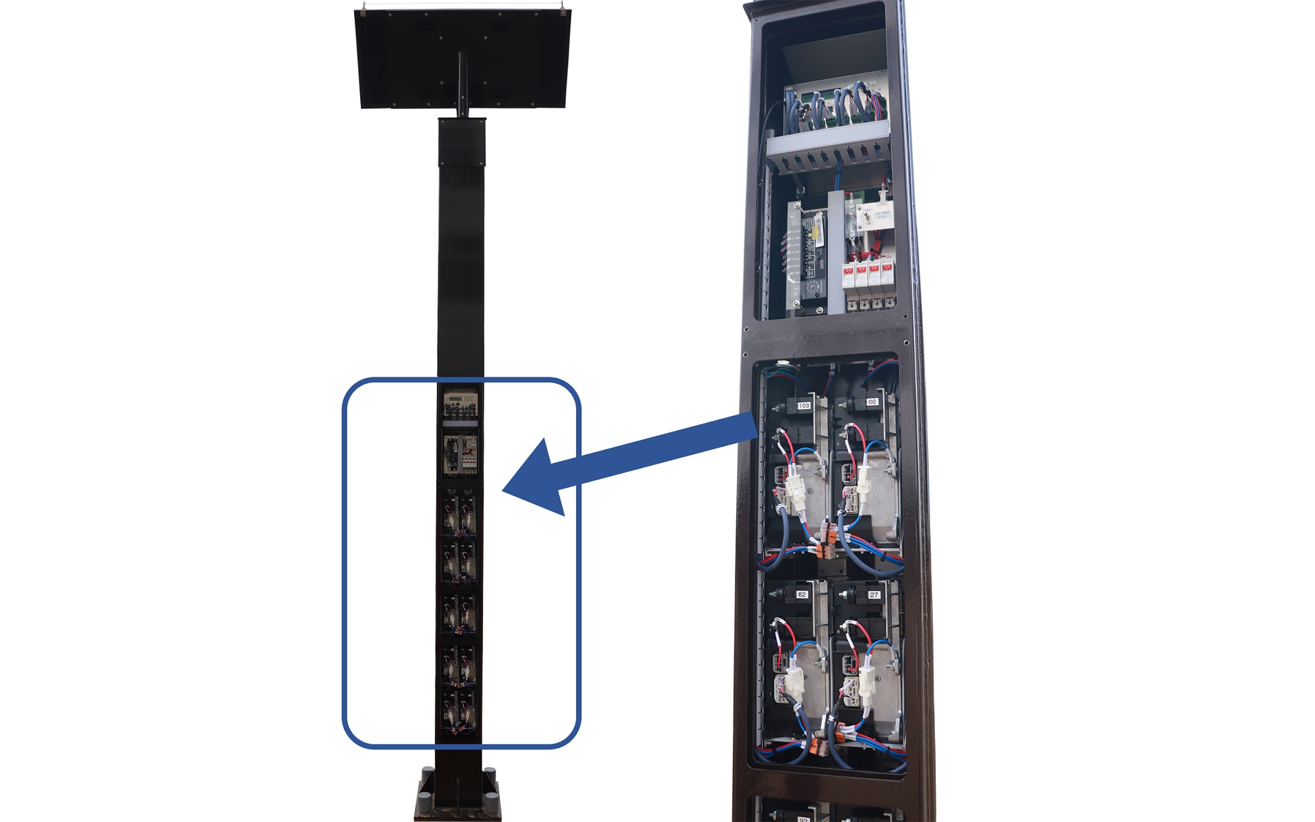スズキが使用済み小型リチウムイオン電池のリユース技術を開発。写真はリチウムイオン電池を内蔵したソーラー街灯とその内部