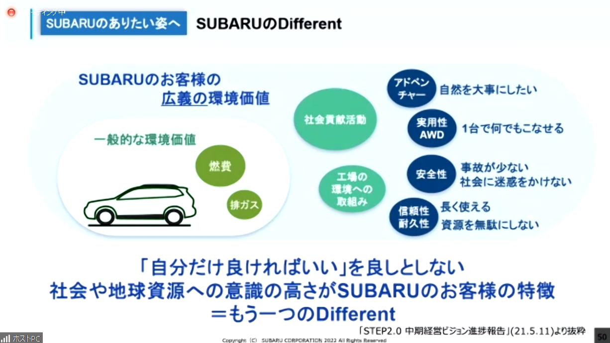 スバル車ユーザーから評価されている一般的な価値観よりも広義な環境価値を盛り込み、唯一無二の存在としてDifferentを体現しているのが新型レガシィ アウトバックと村田氏