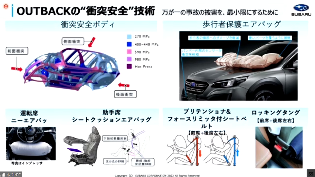 側面衝突では乗員から近い場所に他車が衝突するため、センターピラーの構造を中心に強化