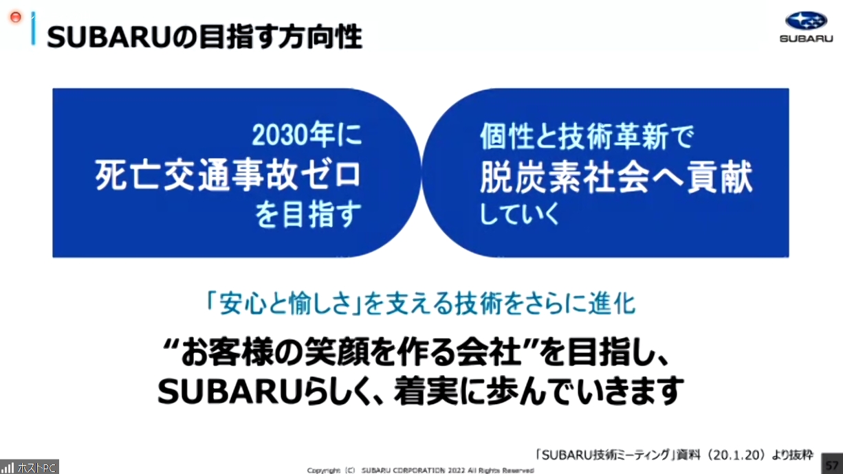 脱炭素社会への貢献と死亡交通事故ゼロはスバルの大きな目標となっている