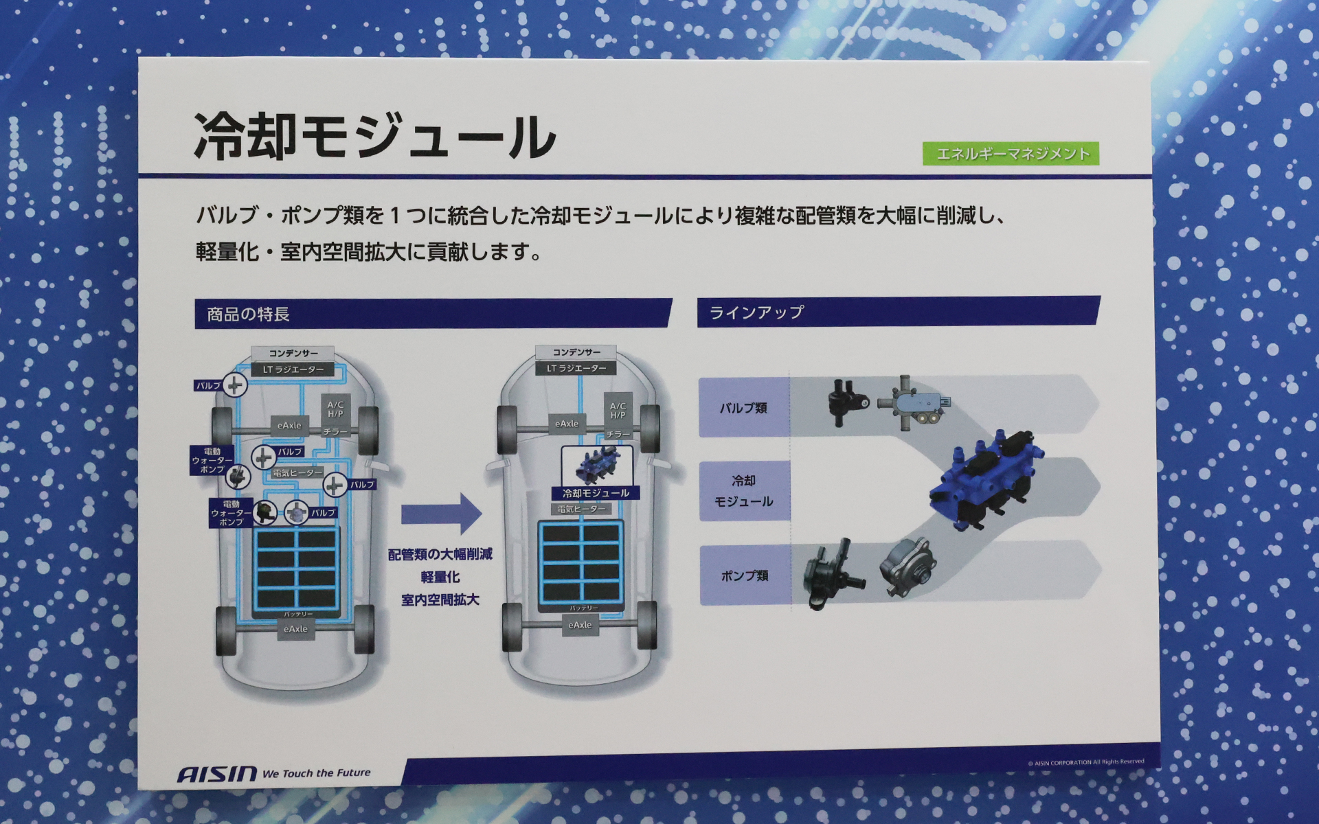 電動車はバッテリまわり、モーターなど冷却が必要な部位が分かれて搭載されるので冷却系の配管が増える傾向にある。そこでバルブ、ポンプ類を統合した冷却モジュールを製作。軽量化と室内スペース向上のメリットもある