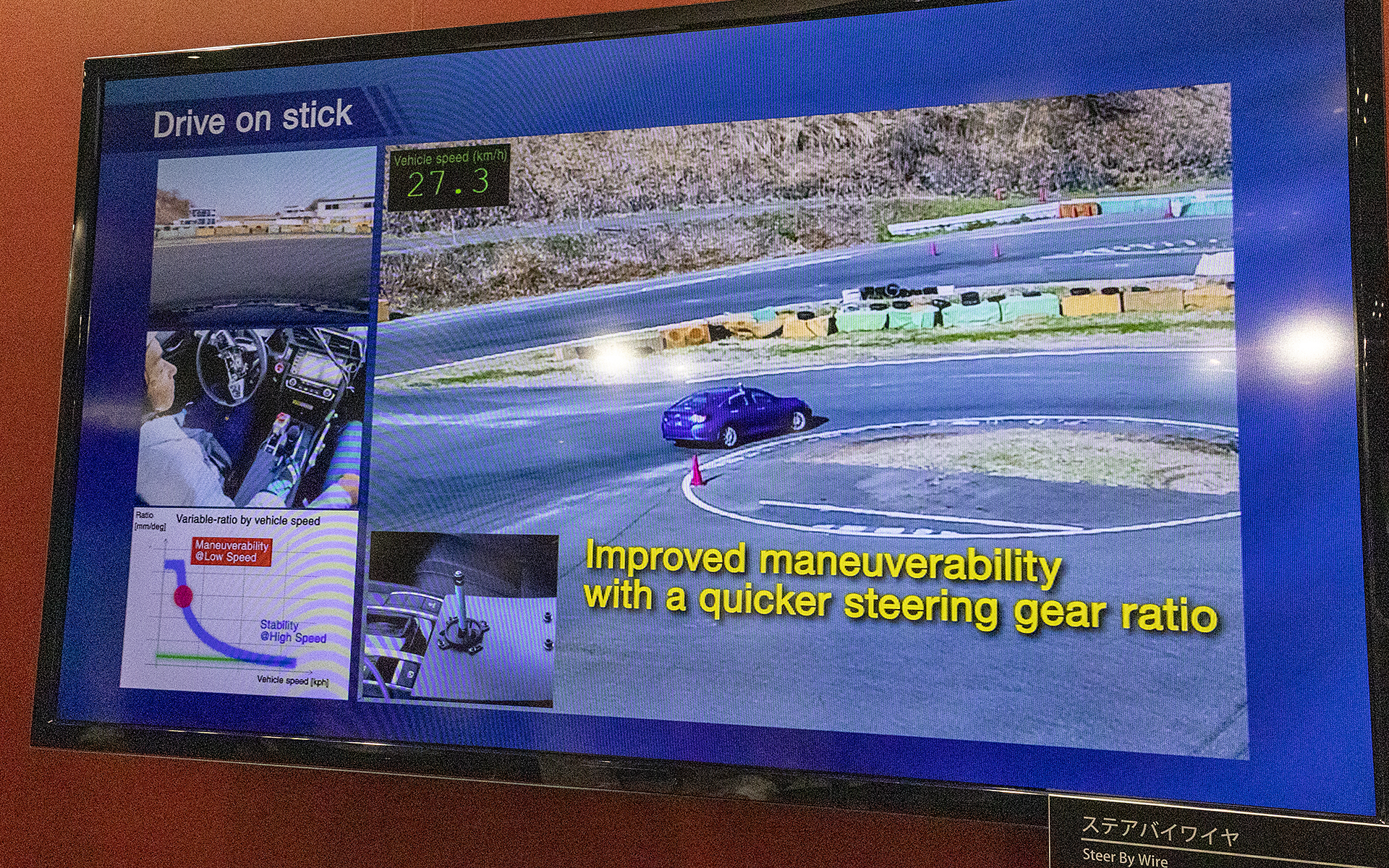 サーキットでのテスト走行ムービーに映っていたセンターコンソールから生えているスティック。これはシフトレバーではなくてステアリングに代わる新デバイス。まだ研究段階だがステアリングが円ではなく飛行機のようなスティック操作になる日が来るかもしれない
