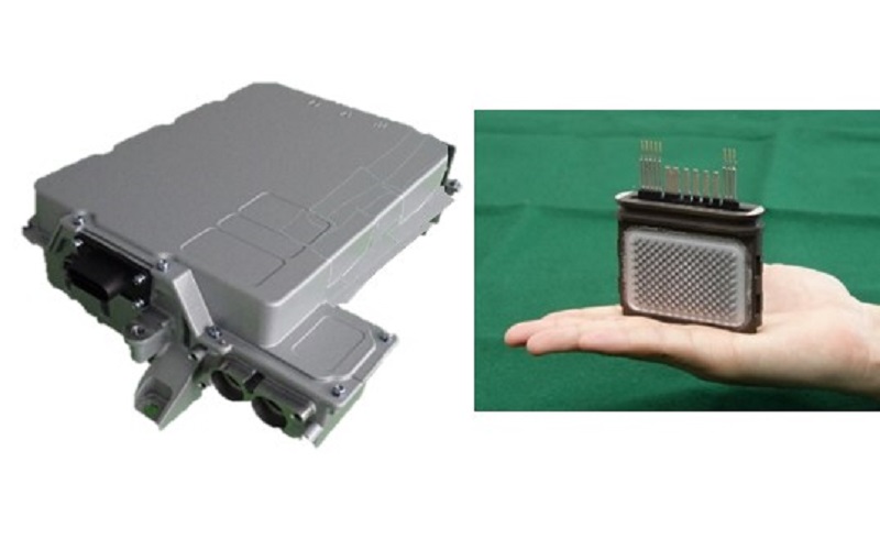  開発したEV向け800Vインバータ（左）と、両面冷却パワーモジュール（右）