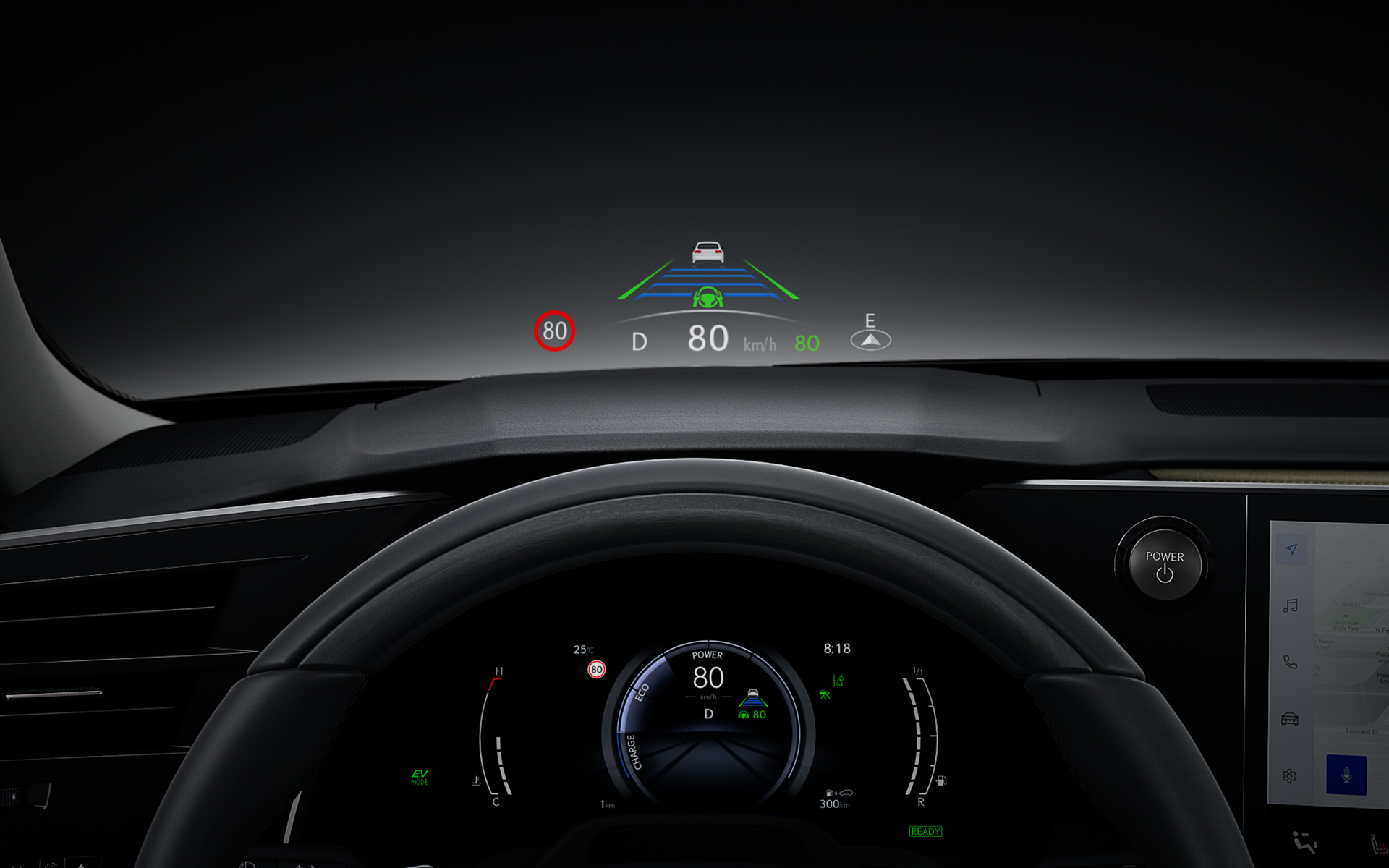 ステアリングスイッチとヘッドアップディスプレイを連携。左：タッチセンサースイッチ（プロトタイプ）、右：カラーヘッドアップディスプレイ（プロトタイプ）