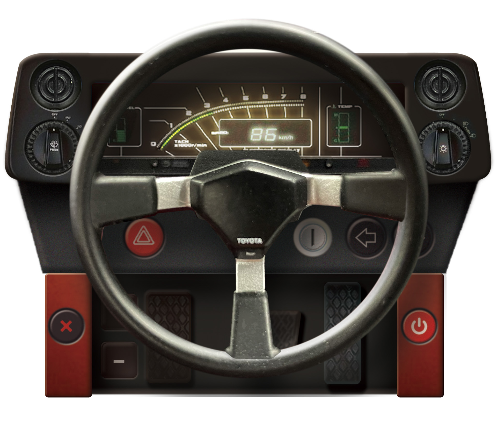 ハチロクトレノのコックピットを模した専用リモコン、ステアリングは取り外しも可能：リトラクタブルヘッドランプのポップアップや点灯、ウインカーの点滅のほか、ボディに組み込んだスピーカーから再生されるドライブモードに応じた迫力のエンジンサウンドを、こだわりの専用リモコンでコントロールできる（リモコンサイズ：高さ60mm×幅90mm×厚さ30mm、リモコンのステアリングはモデルのギミックと連動しない）