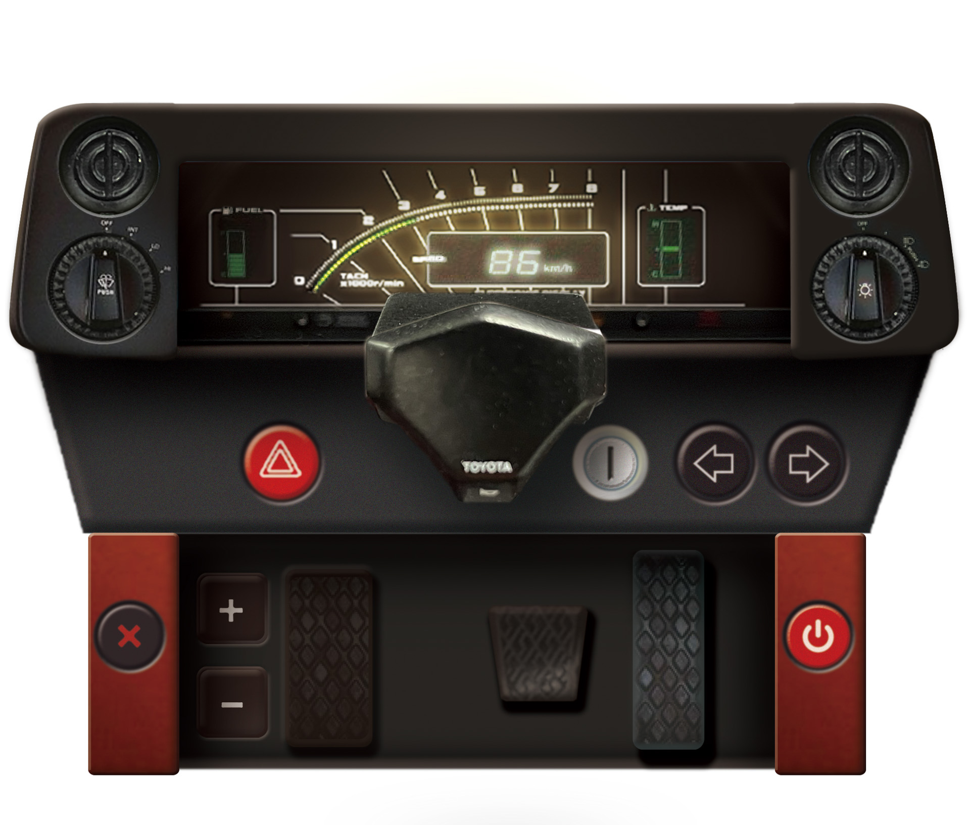 ハチロクトレノのコックピットを模した専用リモコン、ステアリングは取り外しも可能：リトラクタブルヘッドランプのポップアップや点灯、ウインカーの点滅のほか、ボディに組み込んだスピーカーから再生されるドライブモードに応じた迫力のエンジンサウンドを、こだわりの専用リモコンでコントロールできる（リモコンサイズ：高さ60mm×幅90mm×厚さ30mm、リモコンのステアリングはモデルのギミックと連動しない）