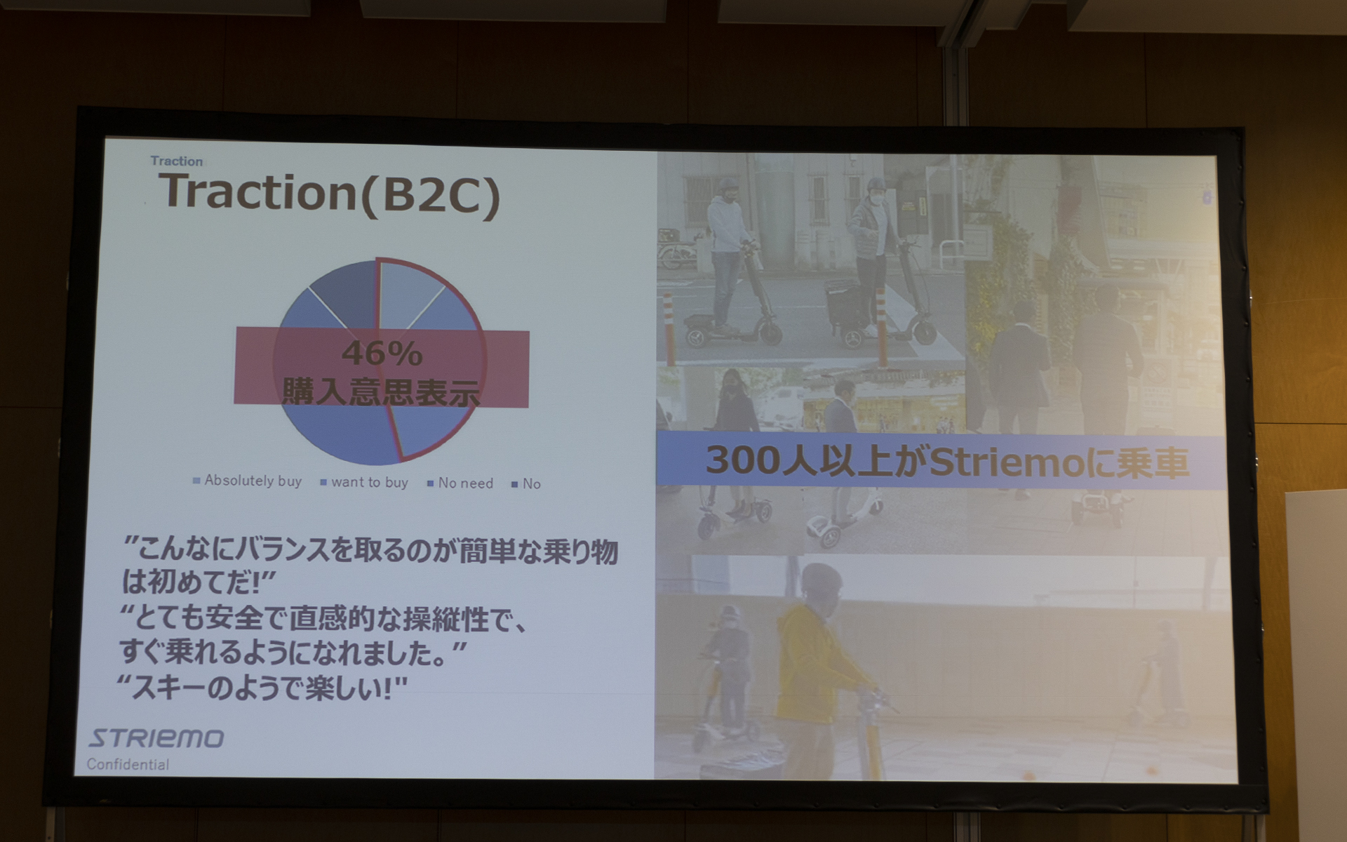 300名以上がストリーモに試乗をしたといい、そのときのデータによると46％が「購入したい」という意志を持っていたという