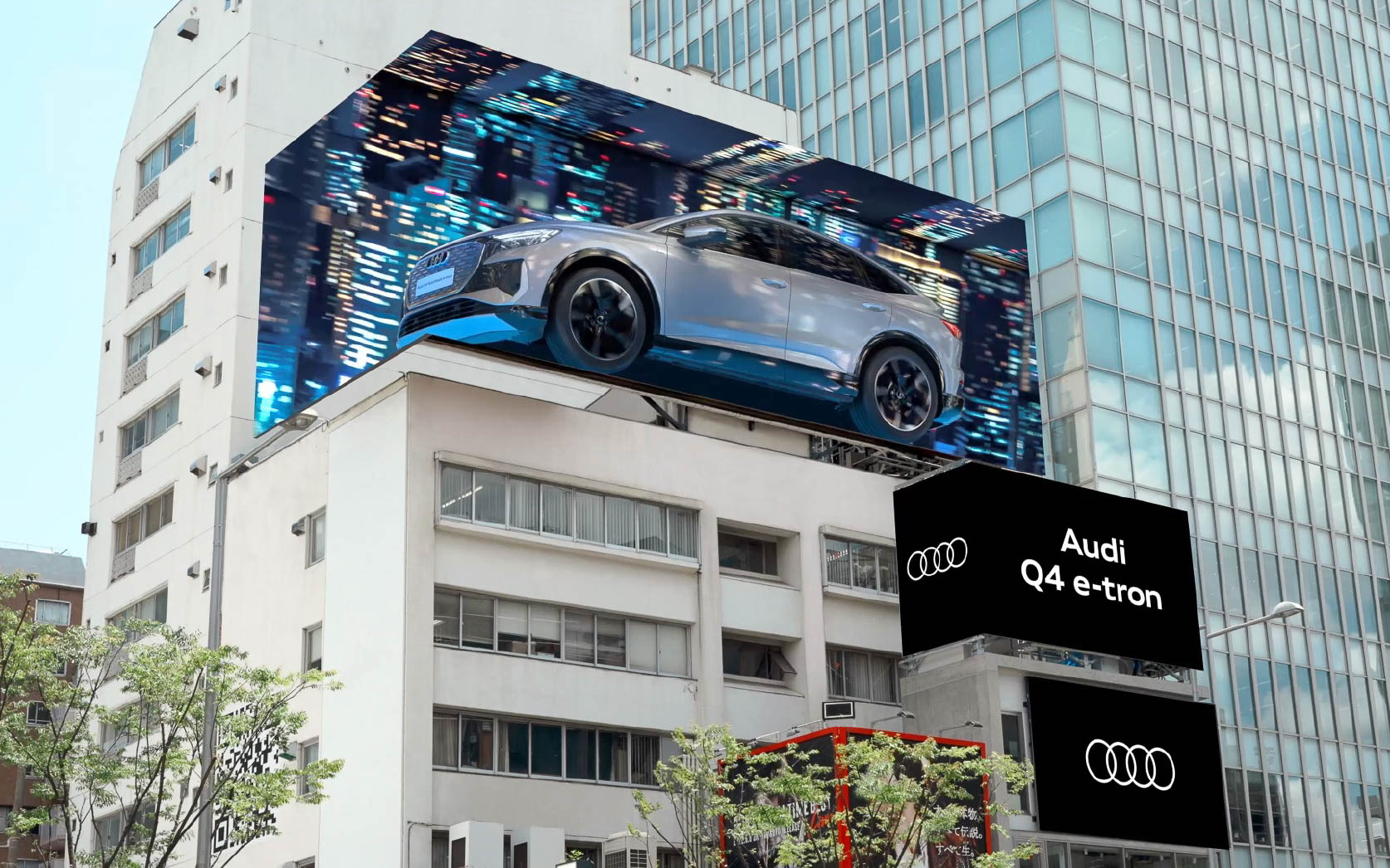 屋外広告「OMOSANシンクロ」で裸眼で3D効果が楽しめる「Q4 e-tron」の映像作品を放映