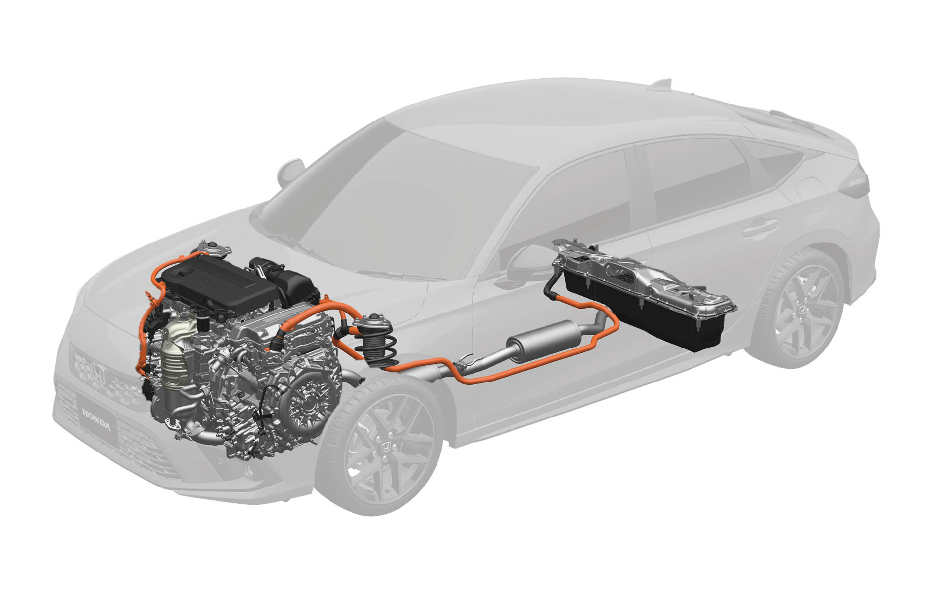 e:HEVの構成ユニット。エンジン、PCU、IPUは新開発のものとなり、2モーター内蔵電気式CVTは改良が施された