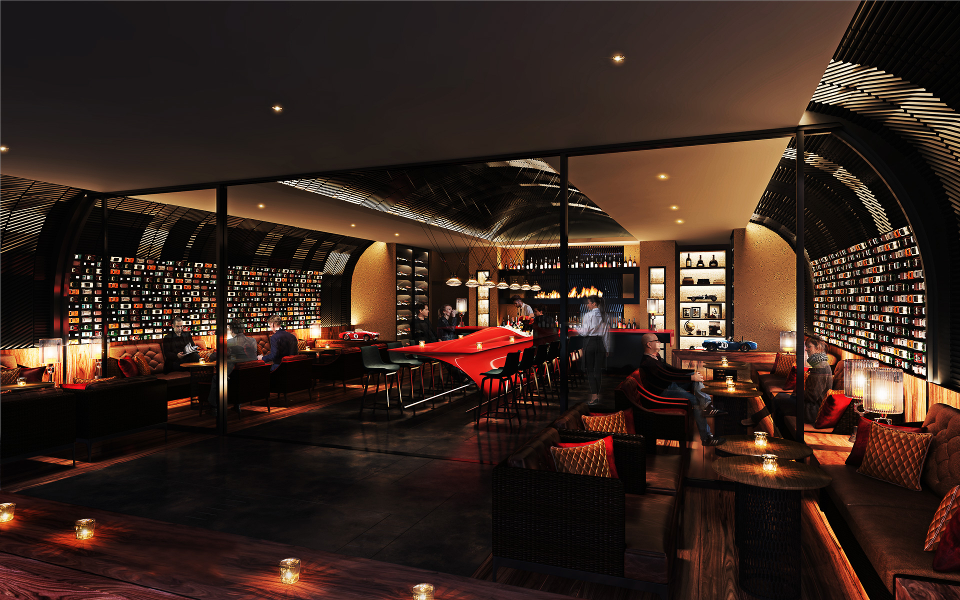 ロビーエリアから少し離れた場所にある「BAR 4563」は、モータースポーツを感じられる独特の雰囲気を演出。店名の4563は富士スピードウェイの1周の距離。席数店内54席/テラス席8席