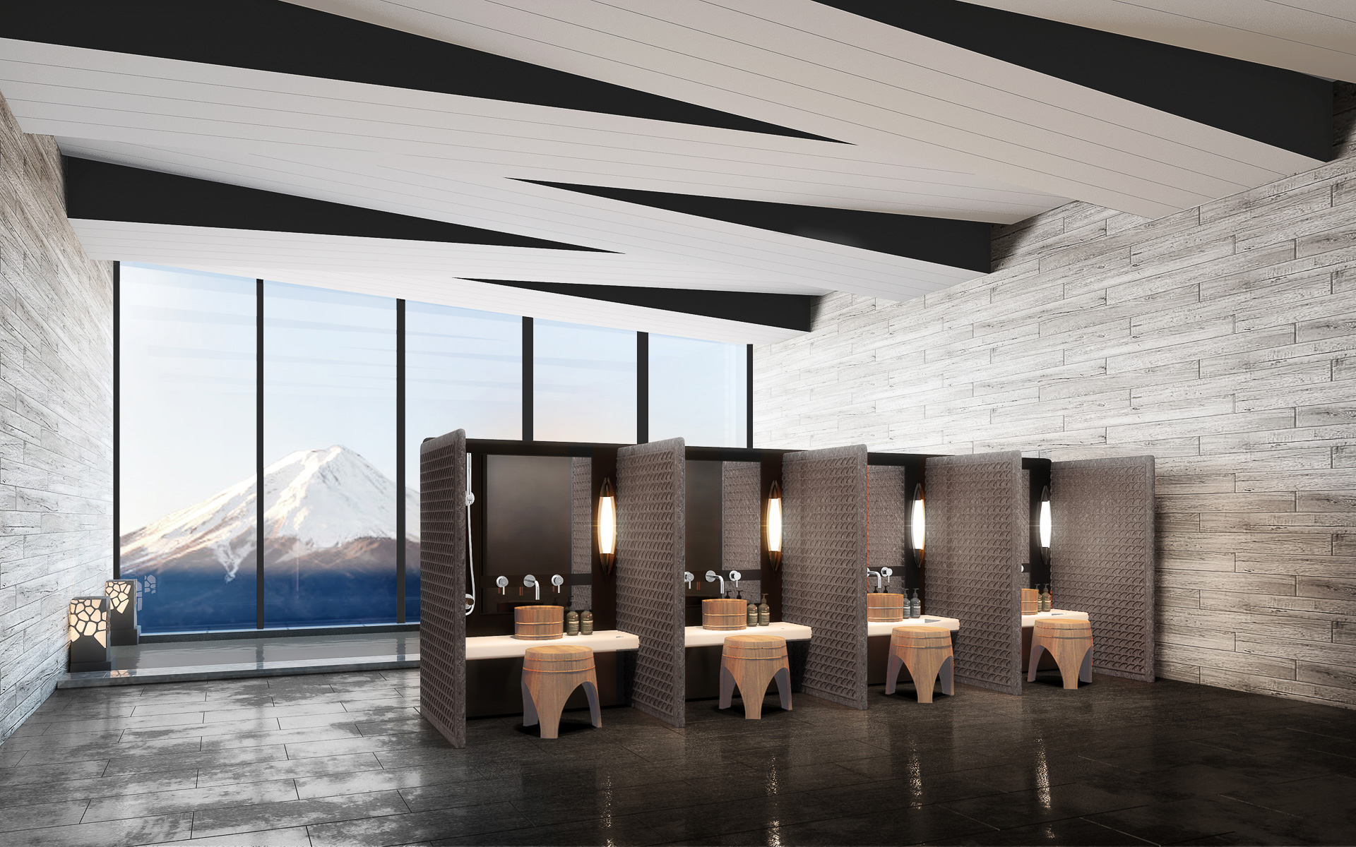 富士山を眺められる大浴場は半露天風呂もあり。泉質は硫酸塩泉