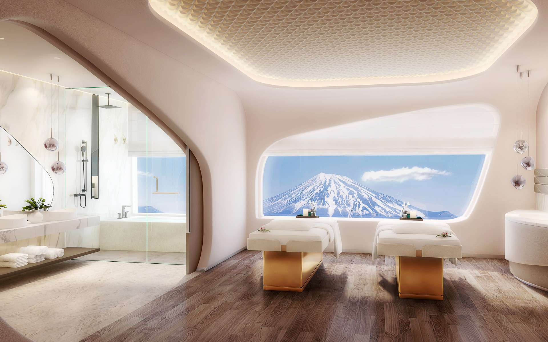 スパには、温泉を引いたプライベートバス付きのスパスイートや富士山を望むトリートメントルームなど計6室