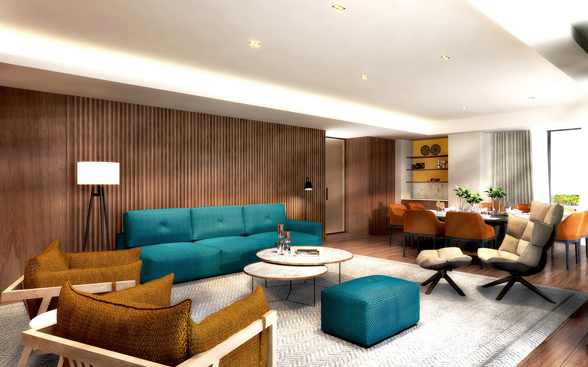 ベッドルームとリビングルームが独立したレイアウトで広々としたスイートルーム