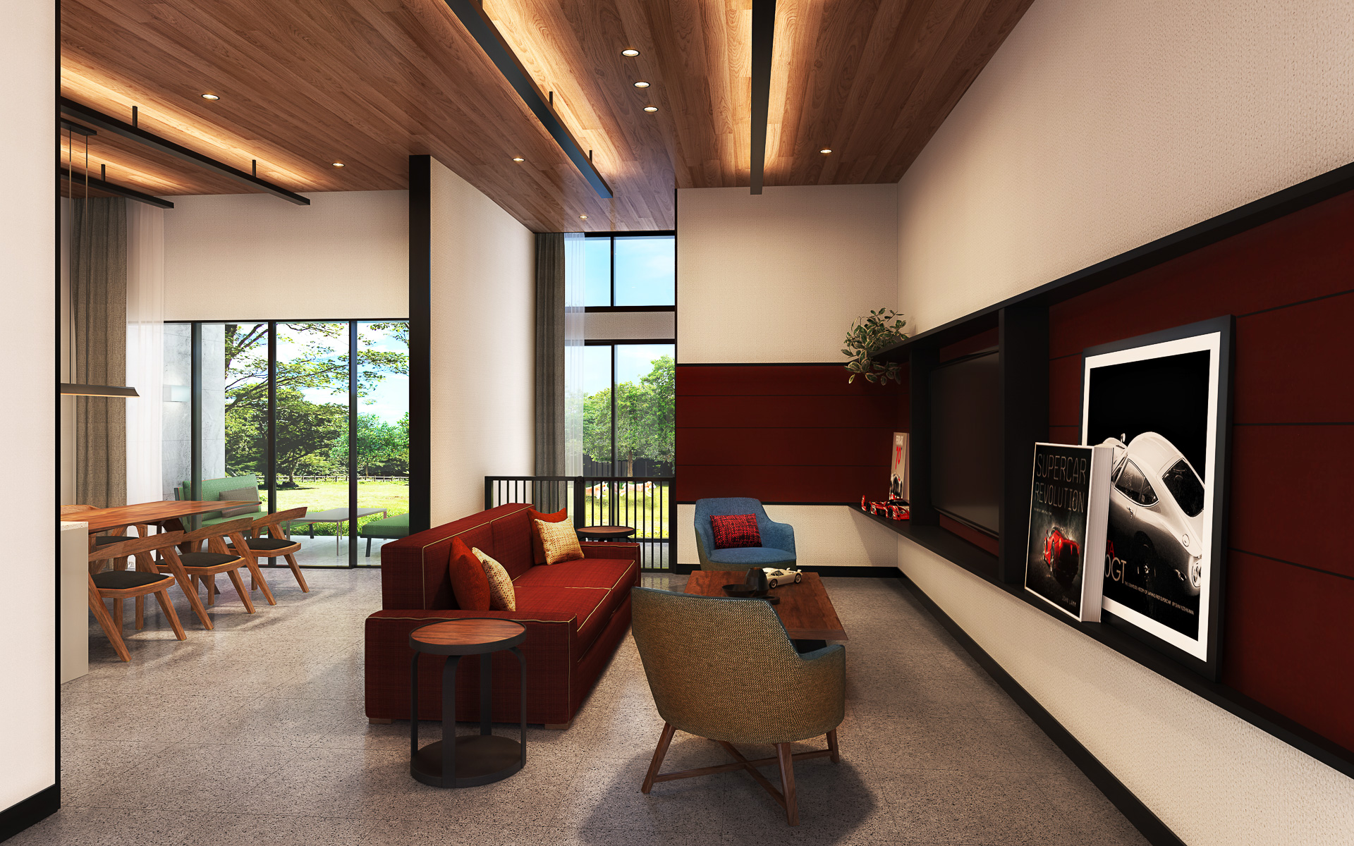 愛車をリビングルームから眺められる構造のヴィラ