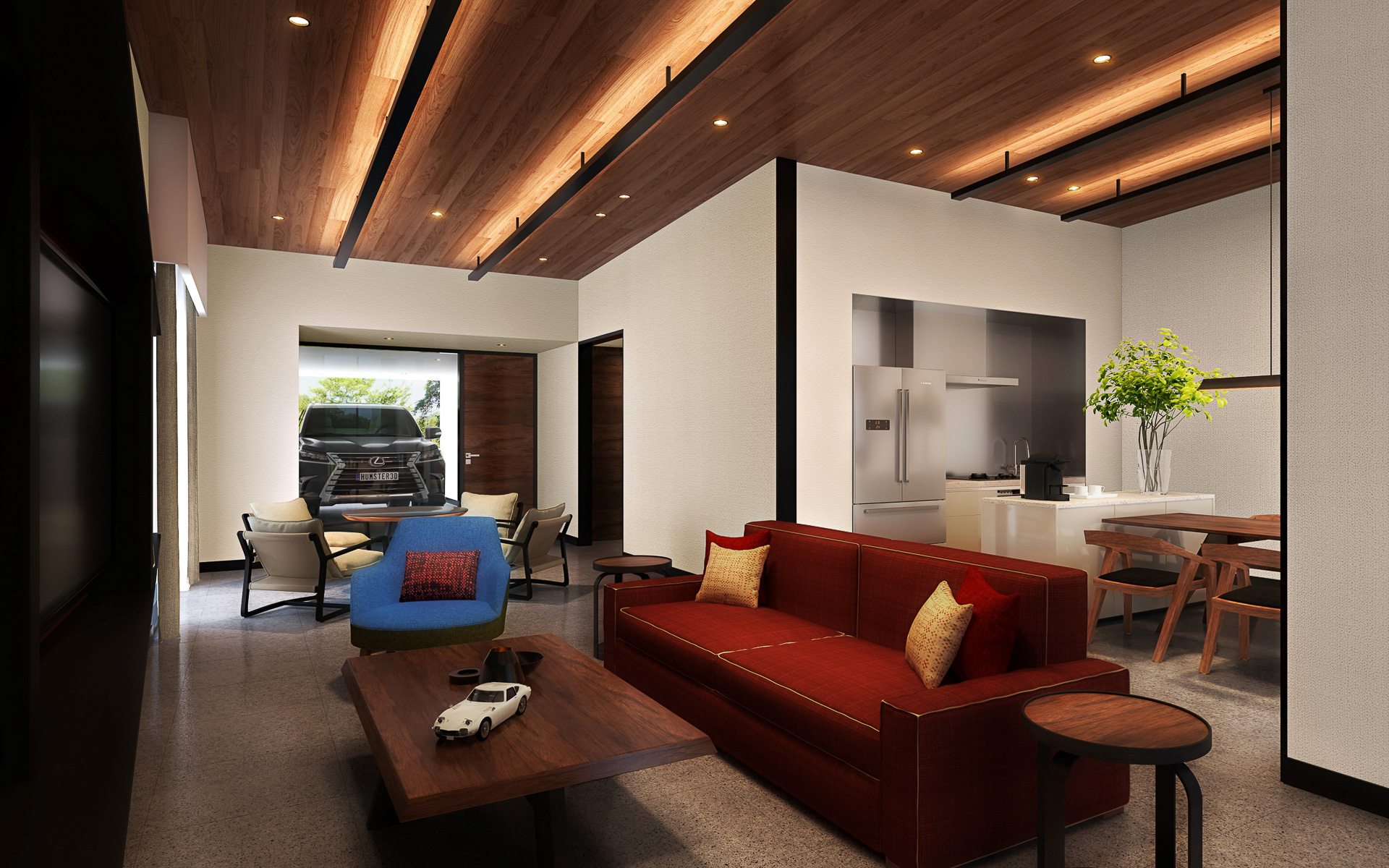 愛車をリビングルームから眺められる構造のヴィラ