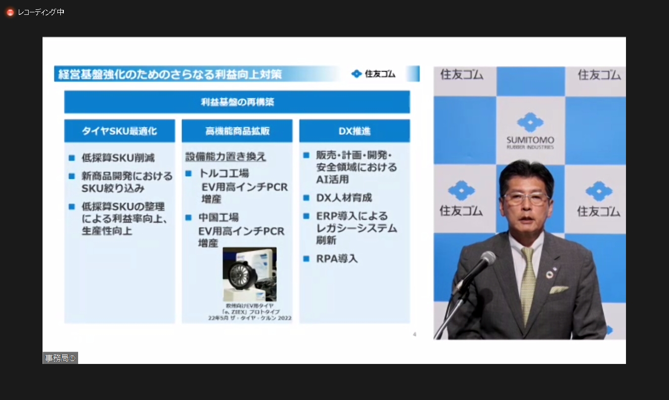 「タイヤSKU最適化」「高性能商品拡販」「DX推進」といった施策で「利益基盤の再構築」を図る