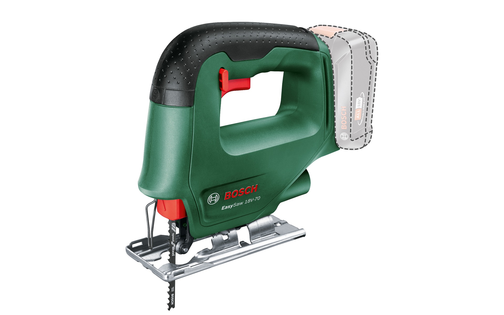 コードレスジグソー。本体サイズは235×80×195mm（幅×奥行き×高さ）、重量は1.3kg（バッテリは含まず）、最大ストローク数は2600回転/分、ストローク幅は20mm