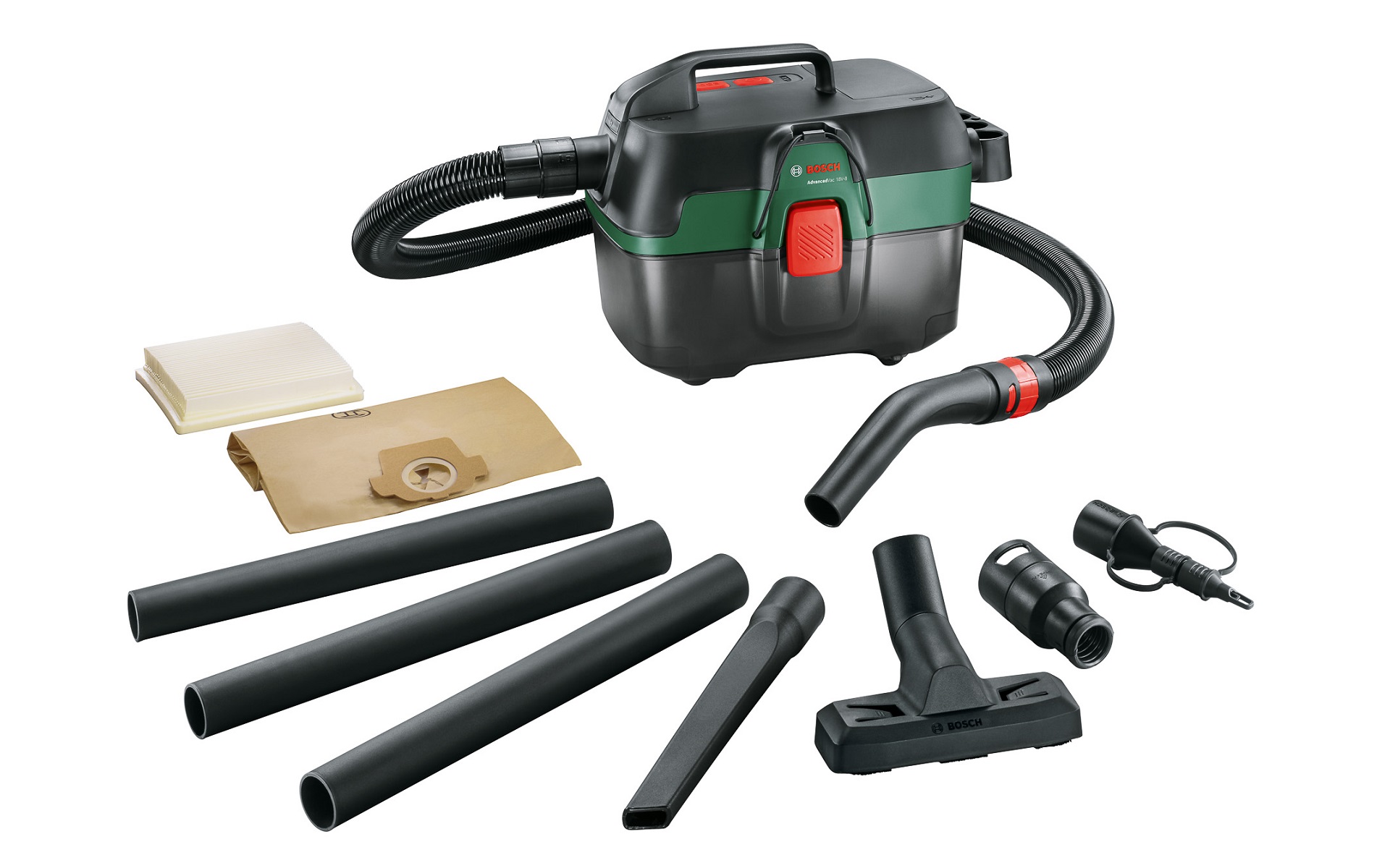 付属品は、本体、ノズルアダプター、ホース、パイプ3個、すき間ノズル、ハンドルノズル、床用ノズル、空気注入/排出ノズル、フィルター、パーパーパック