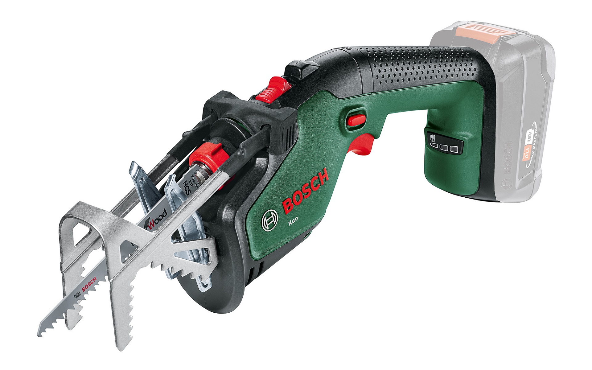 コードレスのこぎり。A型グリップ装着時のサイズは370×138×81mm（幅×奥行き×高さ）、重量は1.0kg（バッテリは含まず）、最大ストローク数は2300回転/分、ストローク幅は20mm