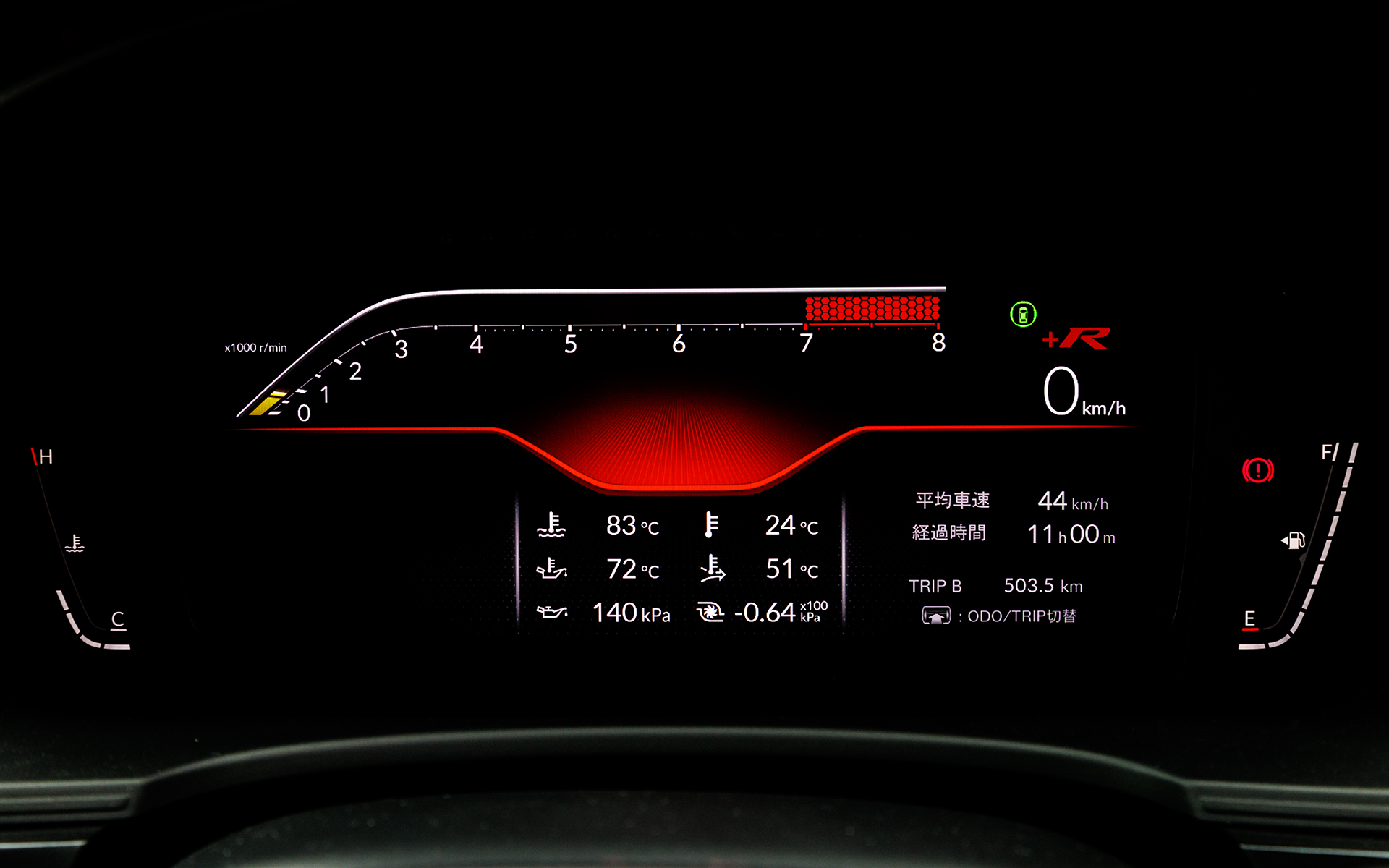 ＋Rモードではタコメーターを重視した表示に