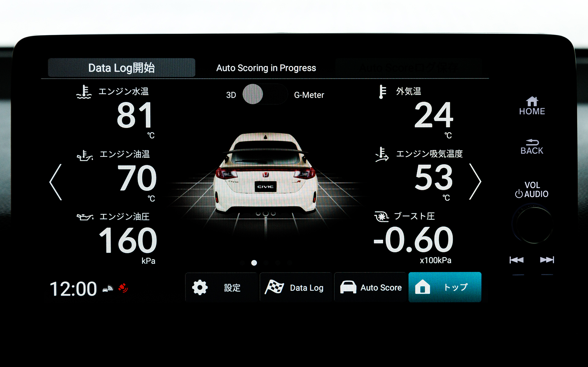 初採用となる専用データロガーアプリ「Honda LogR」。パフォーマンスモニター機能では車両情報などを細かく表示可能。中央部は3DとGメーターに切り替えできる