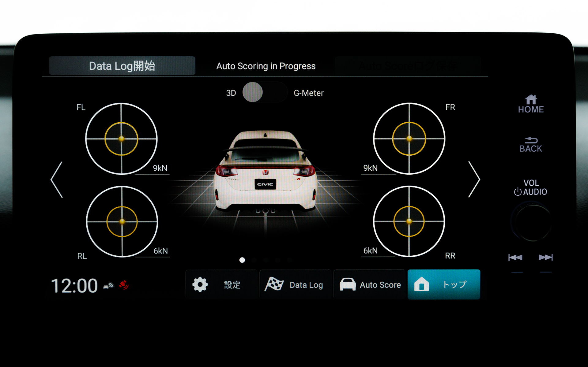 4輪それぞれのタイヤがその瞬間に出せる最大の力（摩擦力）と、実際に使っているタイヤ力のベクトル値（向き・大きさ）を、車両の加速度情報から算出しリアルタイムに表示可能