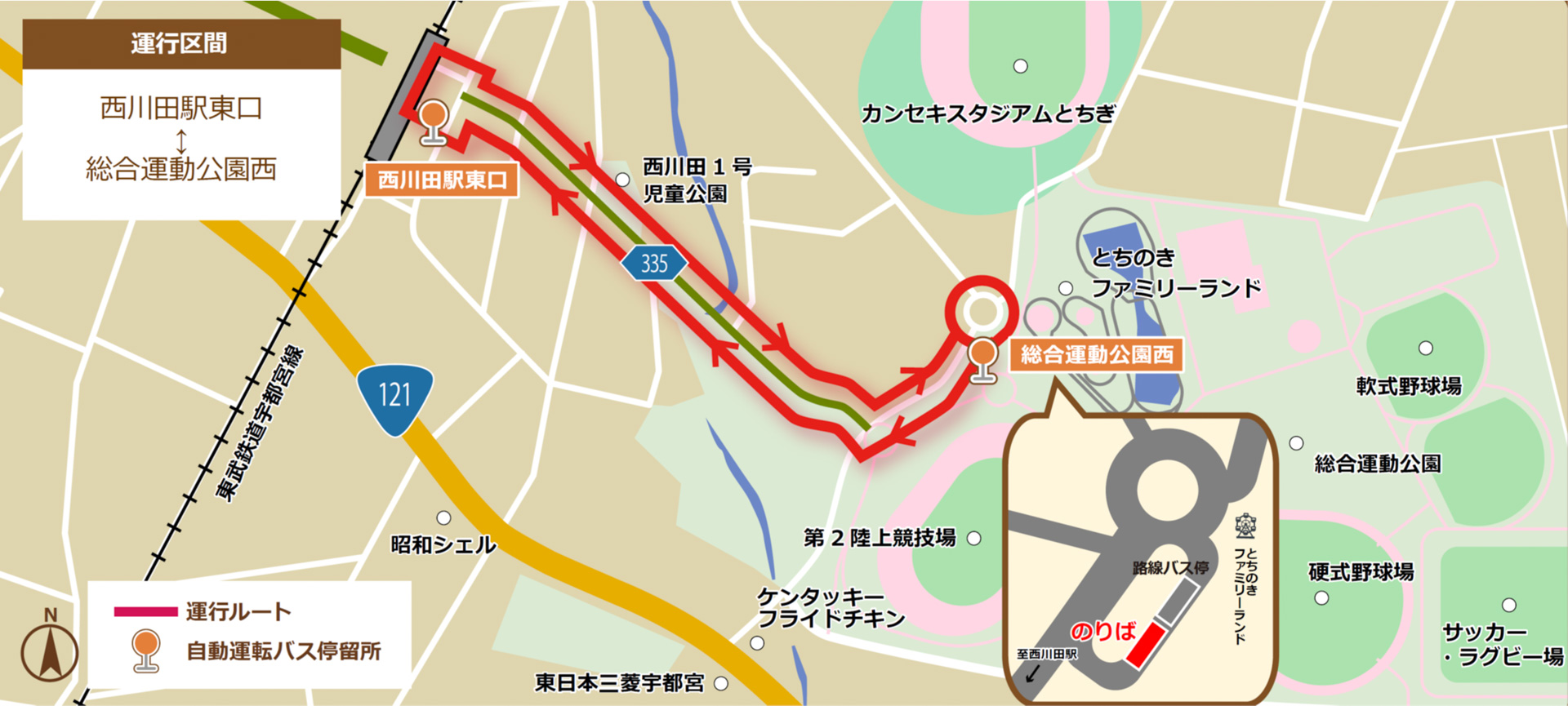 走行ルートは東武鉄道西川田駅～栃木県総合運動公園（片道約0.7km）