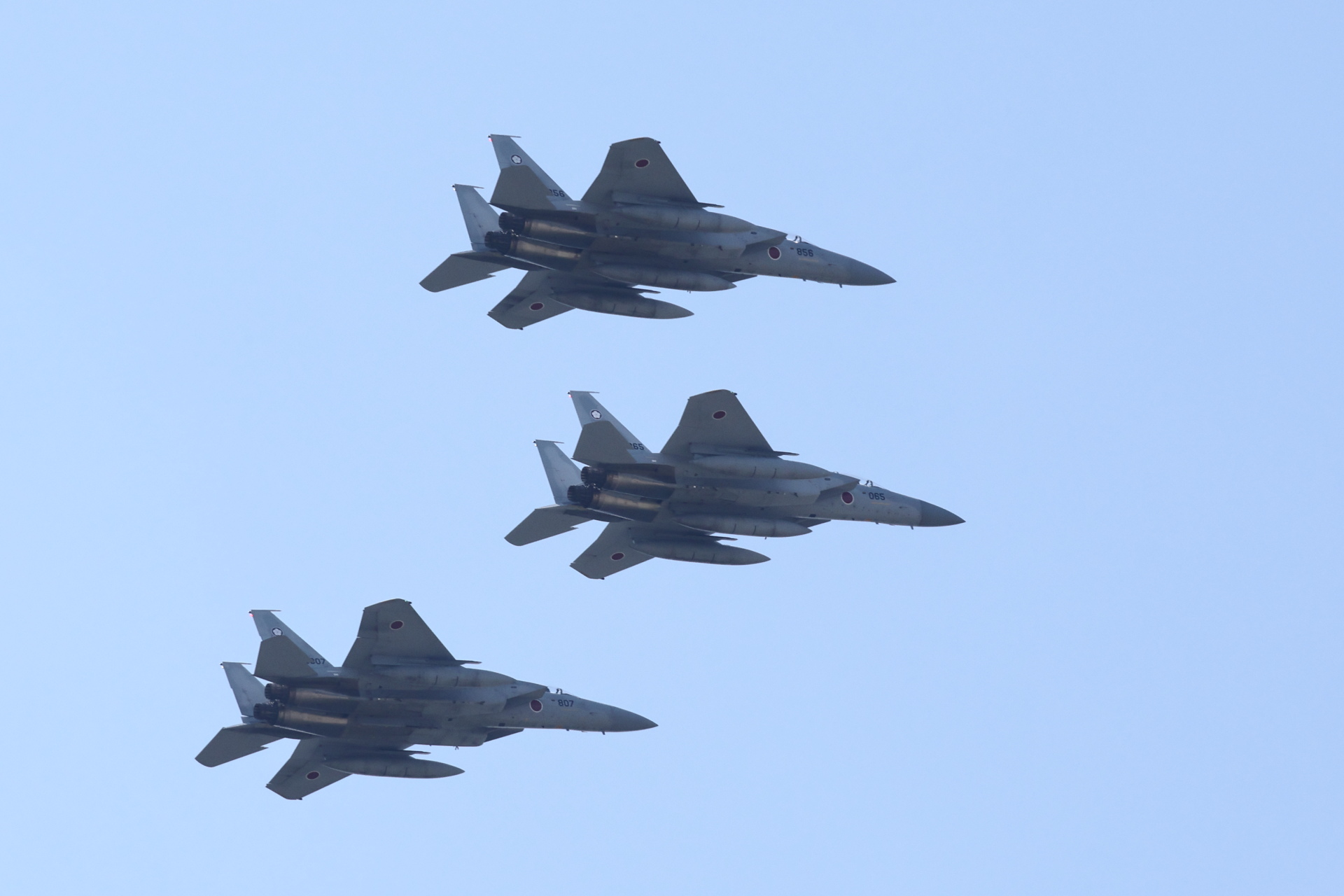 F-15DJを先頭にデルタ隊形で飛来。305飛行隊の梅のマークが後方の垂直尾翼に見られる。梅のマークは305飛行隊が茨城県の百里基地で新編されたことに由来し、「梅組」との相性でも知られている