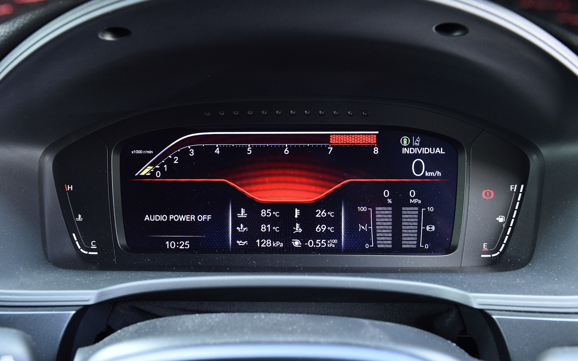 ＋Rモードにするとエンジン回転計メインのメーター表示となる。画面の上にはシフトインジゲーターも内蔵している