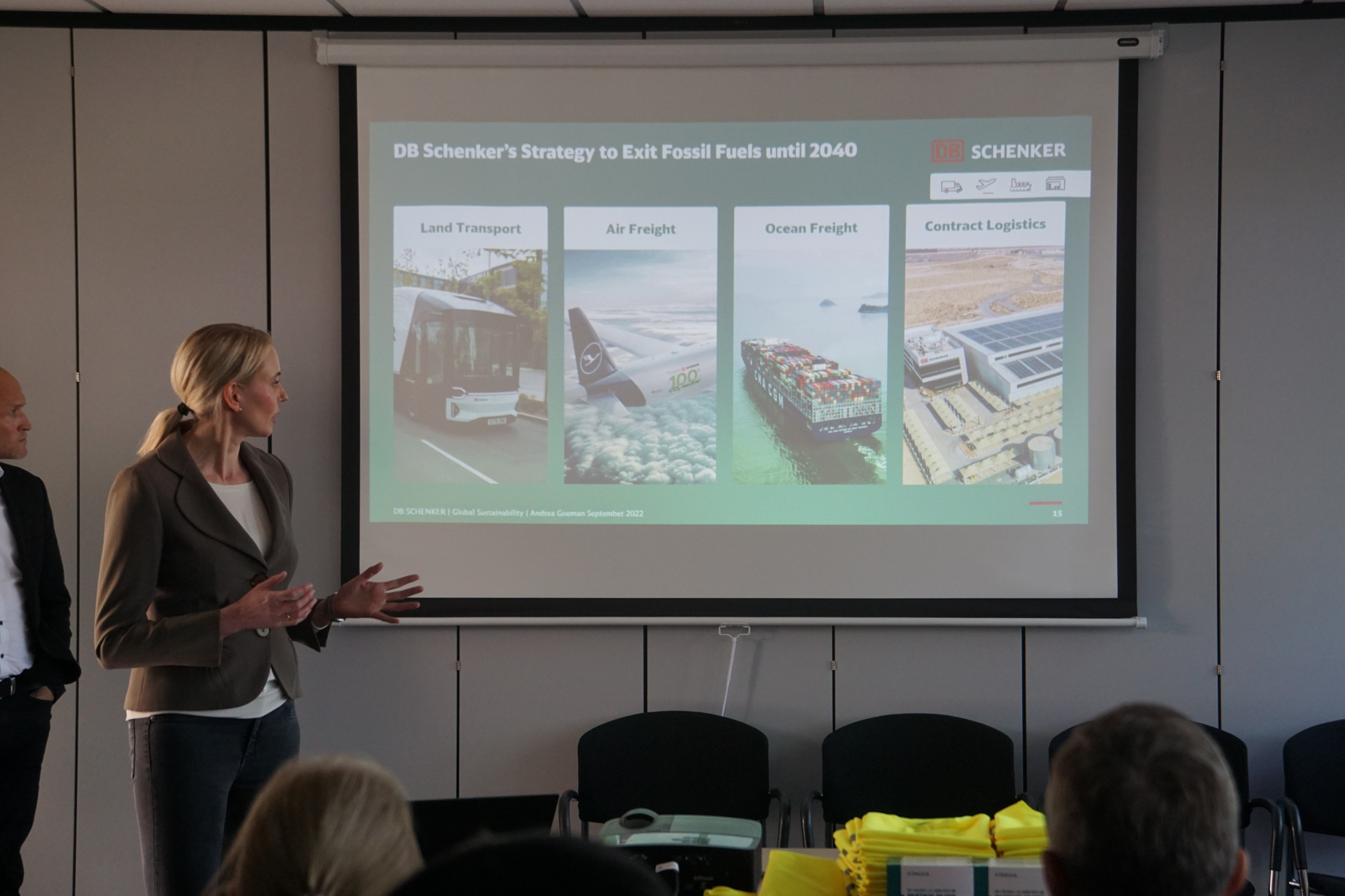 陸上輸送、航空輸送、船舶輸送、オフィスでの活動など企業活動におけるCO2排出において、2040年までにカーボンニュートラルを目指すDBシェンカー