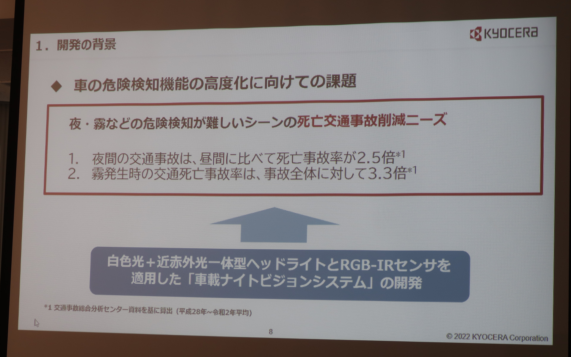 夜間の暗さや霧の発生といった視界のわるさで危険検知が難しいシーンでは、交通事故の発生時に死亡事故になる確率が増えてしまう