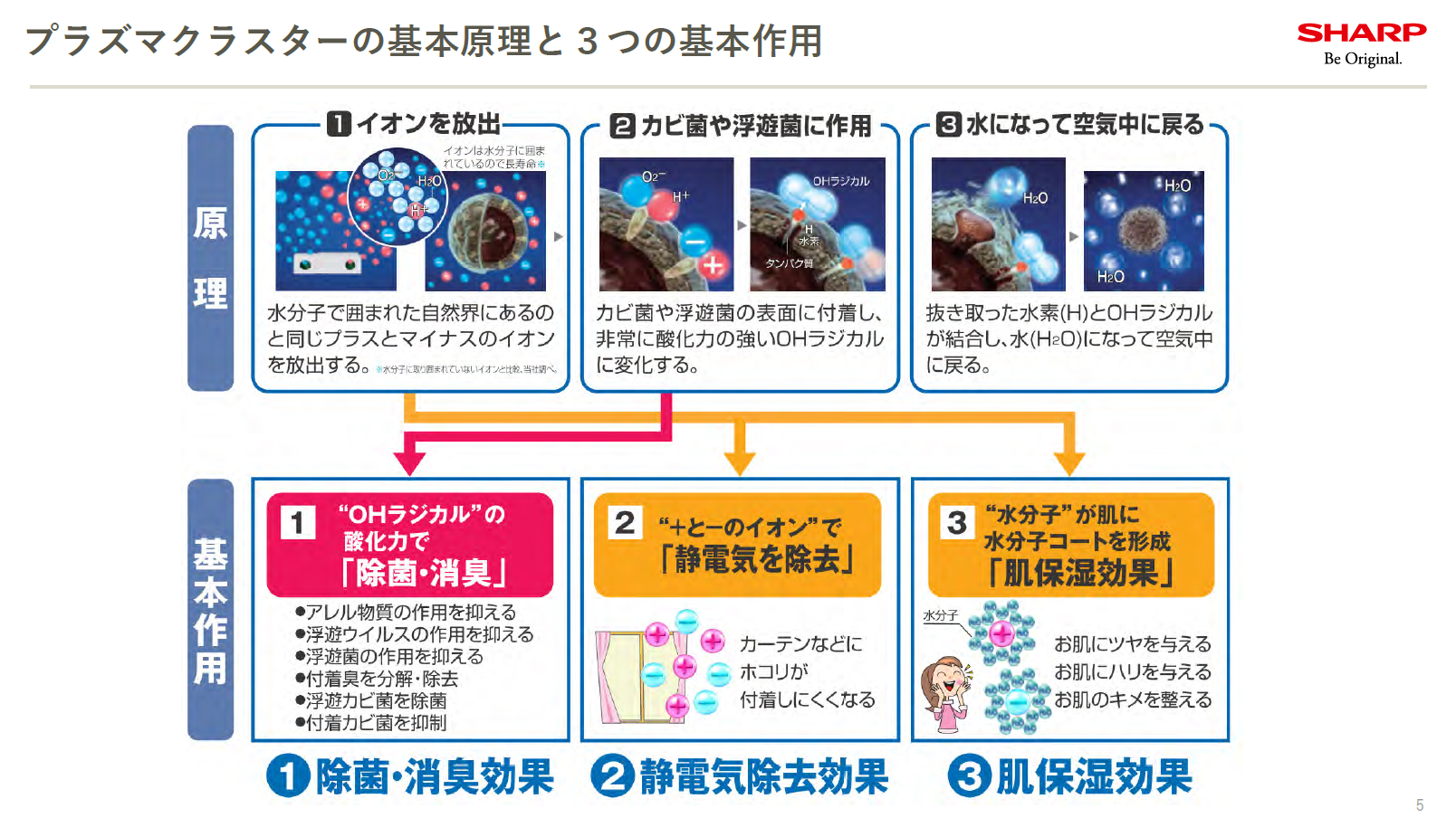 プラズマクラスターの基本原理。今回関係あるのは［1］のOHラジカルの参加力