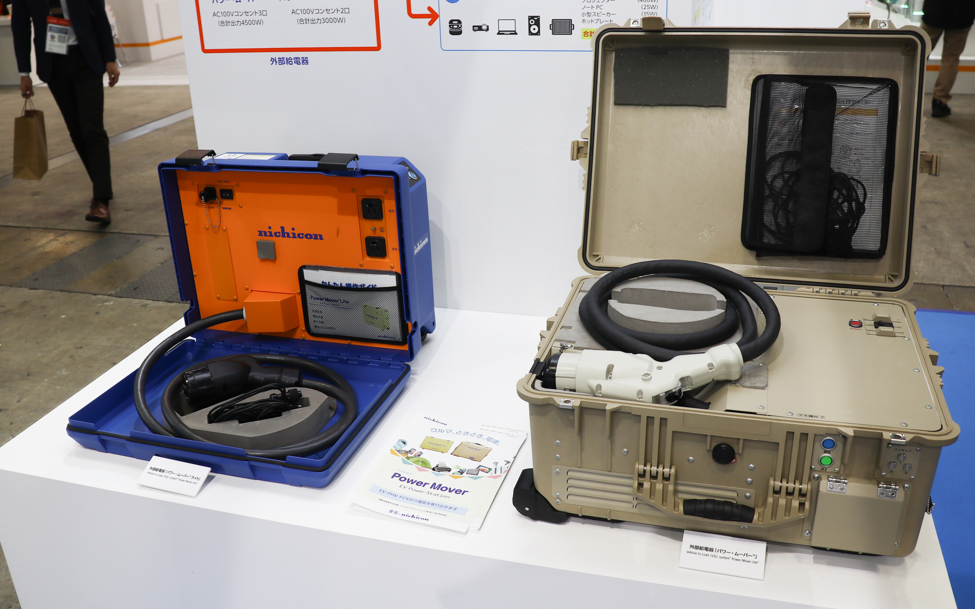 EVなどから電気を供給するアダプター「パワー・ムーバー」は新たに合計出力3000Wの安価なタイプ（左）を登場させた