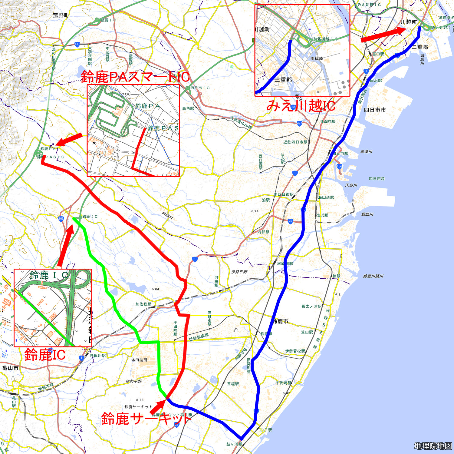 3つのICの位置関係。赤線が新名神の鈴鹿PAスマートICのルート。東名阪道の鈴鹿ICより少し遠いがレース後の渋滞時はお勧めのルートだ