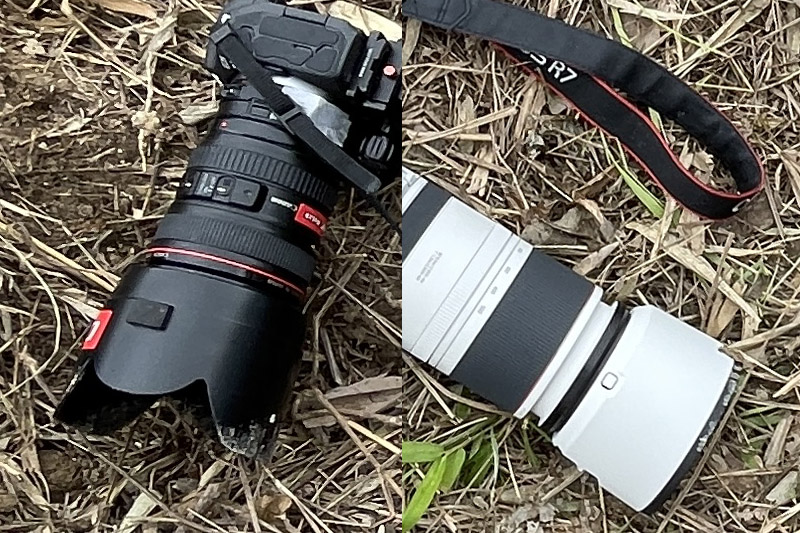 スマホ写真を強引に拡大。フードに泥が見えるがレンズは大丈夫だった