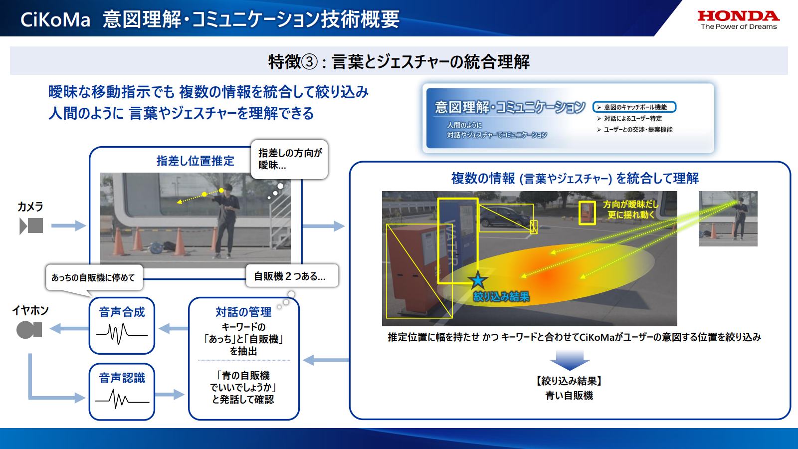 また、ジェスチャーでの指差し位置を推定し、キーワードと統合してユーザーの意図する位置を絞り込むこともできる