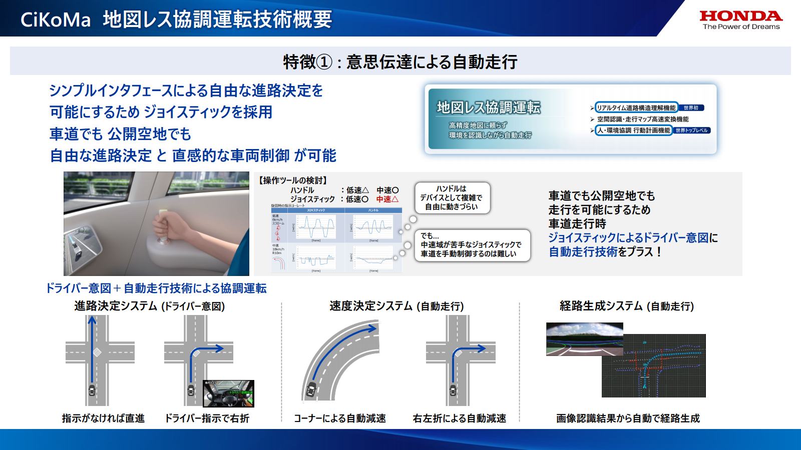 自由な進路決定を可能にするため、ジョイスティックを採用。曲がりたい方向にジョイスティックを傾けるだけで、ドライバーの意図に応じた進路を決定する