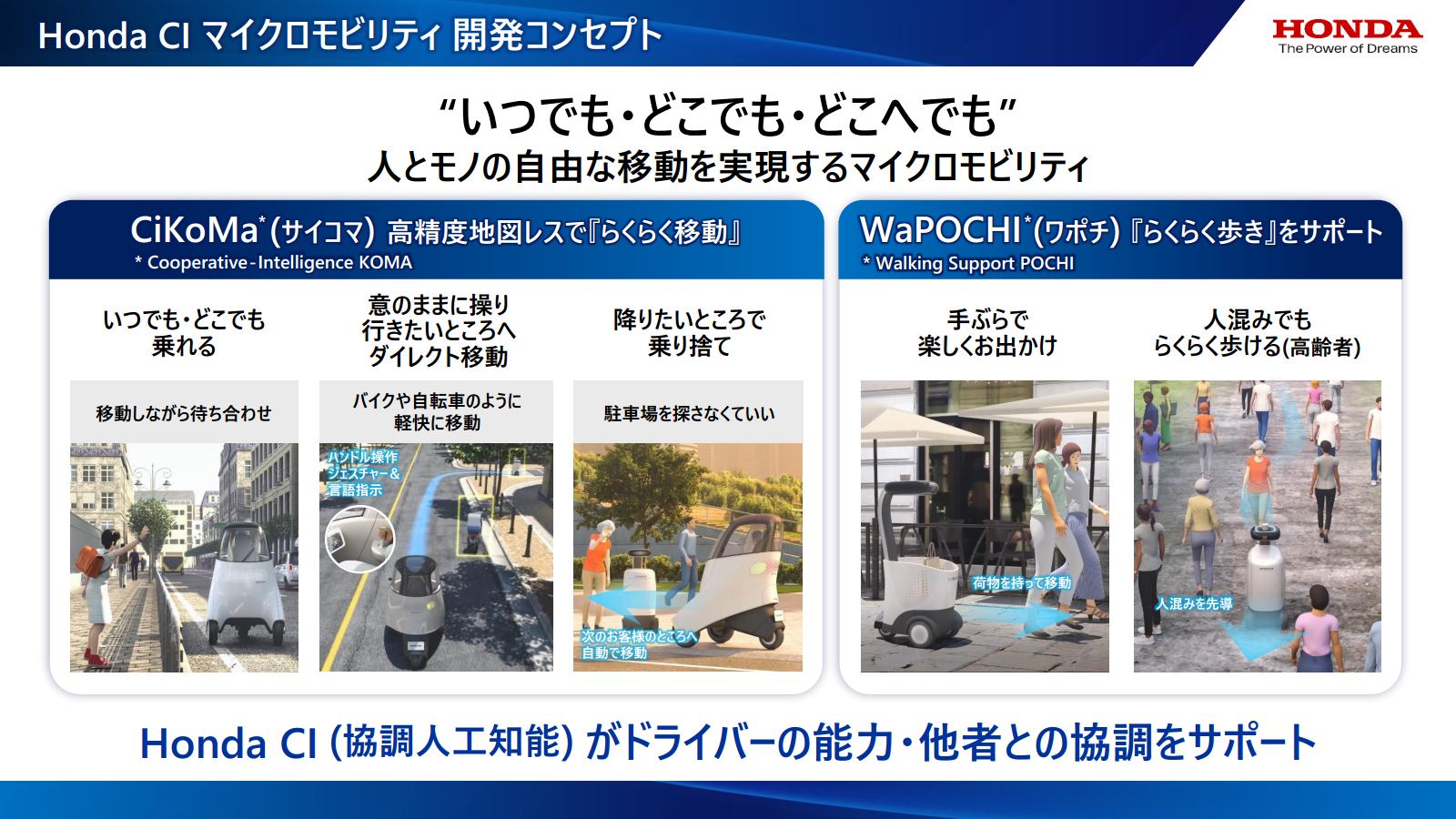 今回の実証実験のために搭乗型の「CiKoMa」と非搭乗型の「WaPOCHI」という2つのマイクロモビリティを開発した