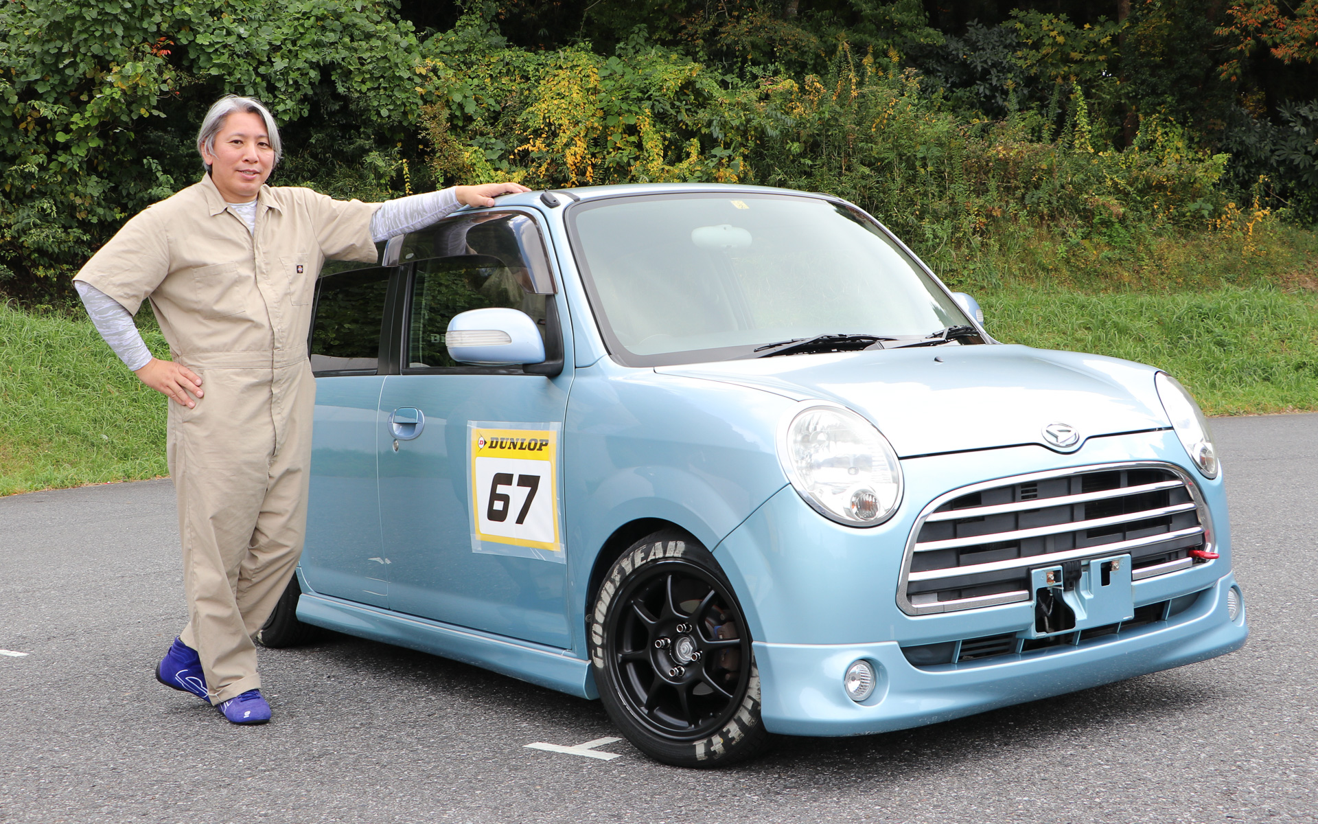 たけぞうさんのミラ。エアロパーツなどは使わず足まわりのみのチューニングと腕（テクニック）でタイムを狙う